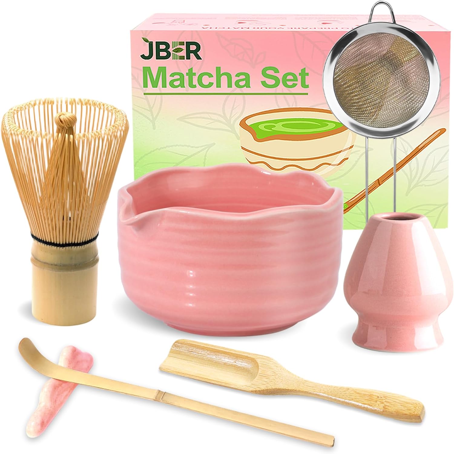 JBER Matcha Besen Set Pink 7-teilig – Keramikschale, Bambusbesen und Zubehör