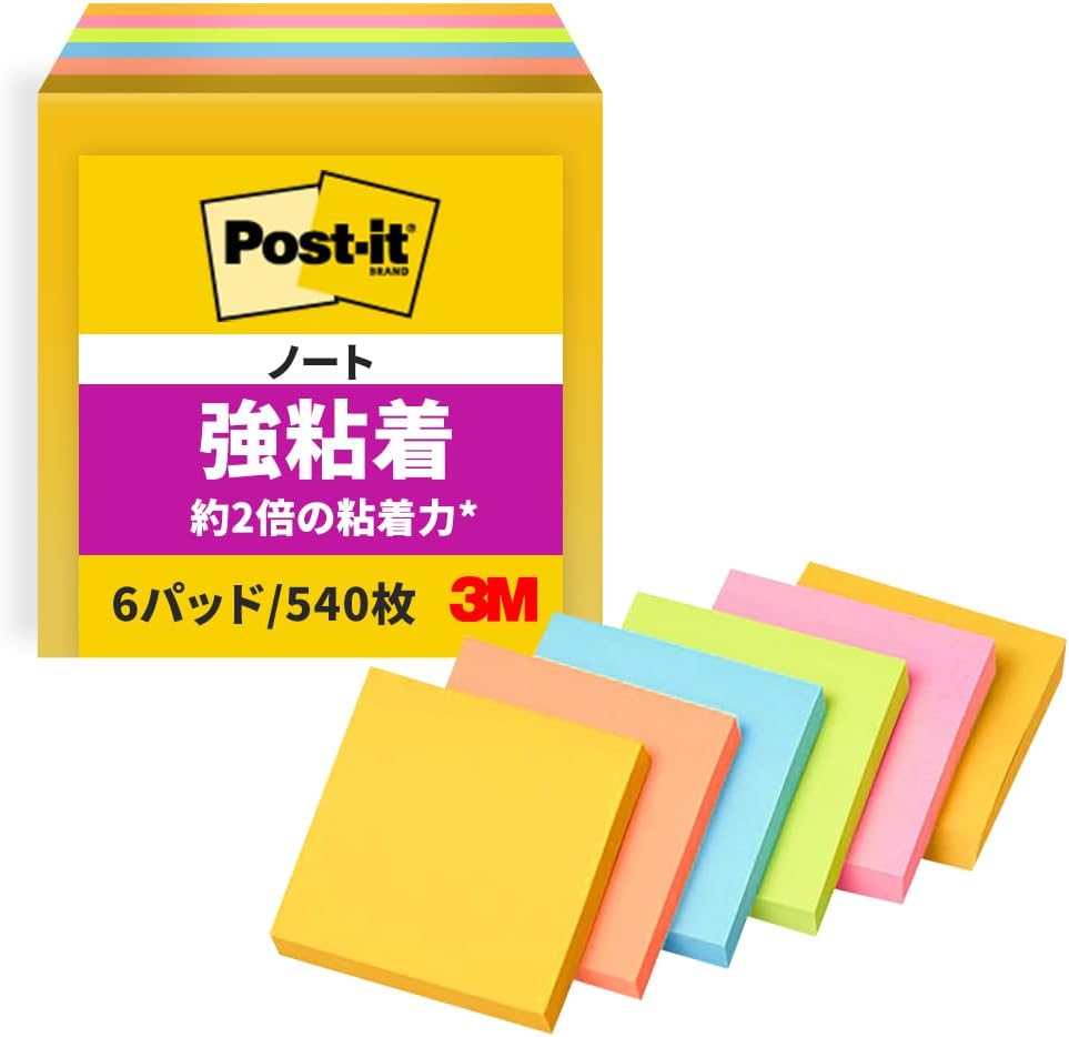 Detalle de スリーエム(3M) 654-6SSAN-AM ポスト・イット 強粘着ふせん 75×75mm 5色 90枚×6パッド