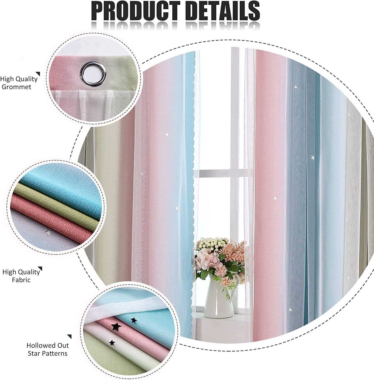 Thumbnail 4 de KAHEAUM Blackout Curtains for Bedroom & Living Room (2 Panels) – White Voile Net Thermal Blackout Curtains in Pink & Green