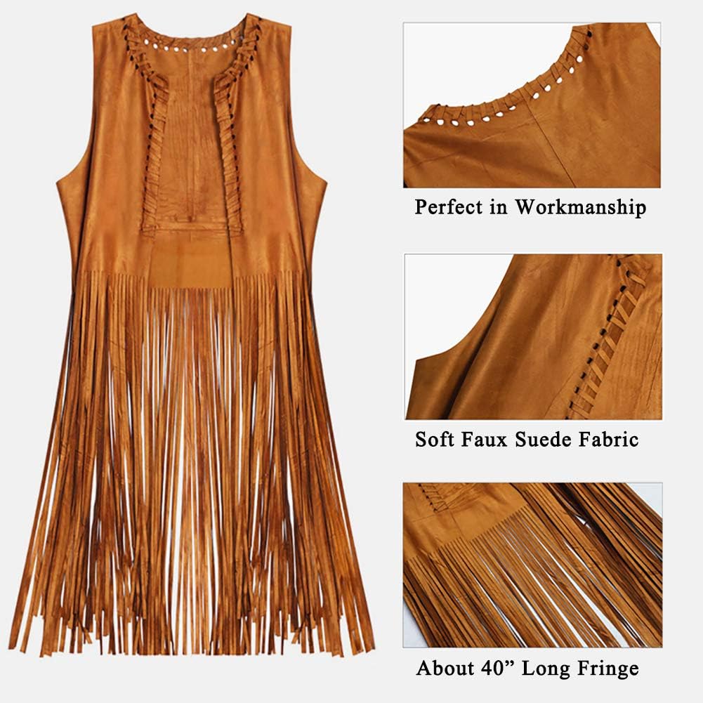 Detalle de EVISWIY Brown Fringe Hippie Vest Costume Set with Faux Suede and Accessories