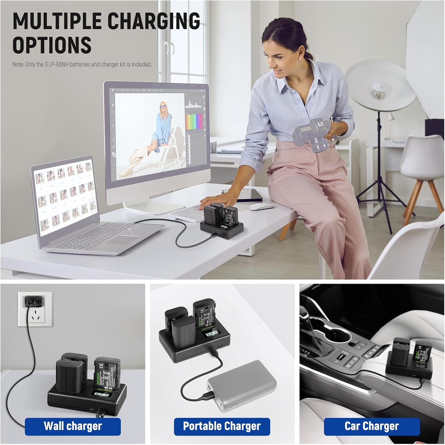 Thumbnail 5 de NEEWER LP-E6NH Replacement Battery Set: 3 x 2250mAh Batteries with Triple Slot USB Charger (plus Cleaning Cloth) for Canon EOS R Series and More