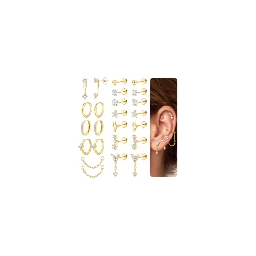 Detalle de Diamday 11 Paires Boucles d'Oreilles Femme – Acier Inoxydable et Or 14K, Créoles et Pendantes