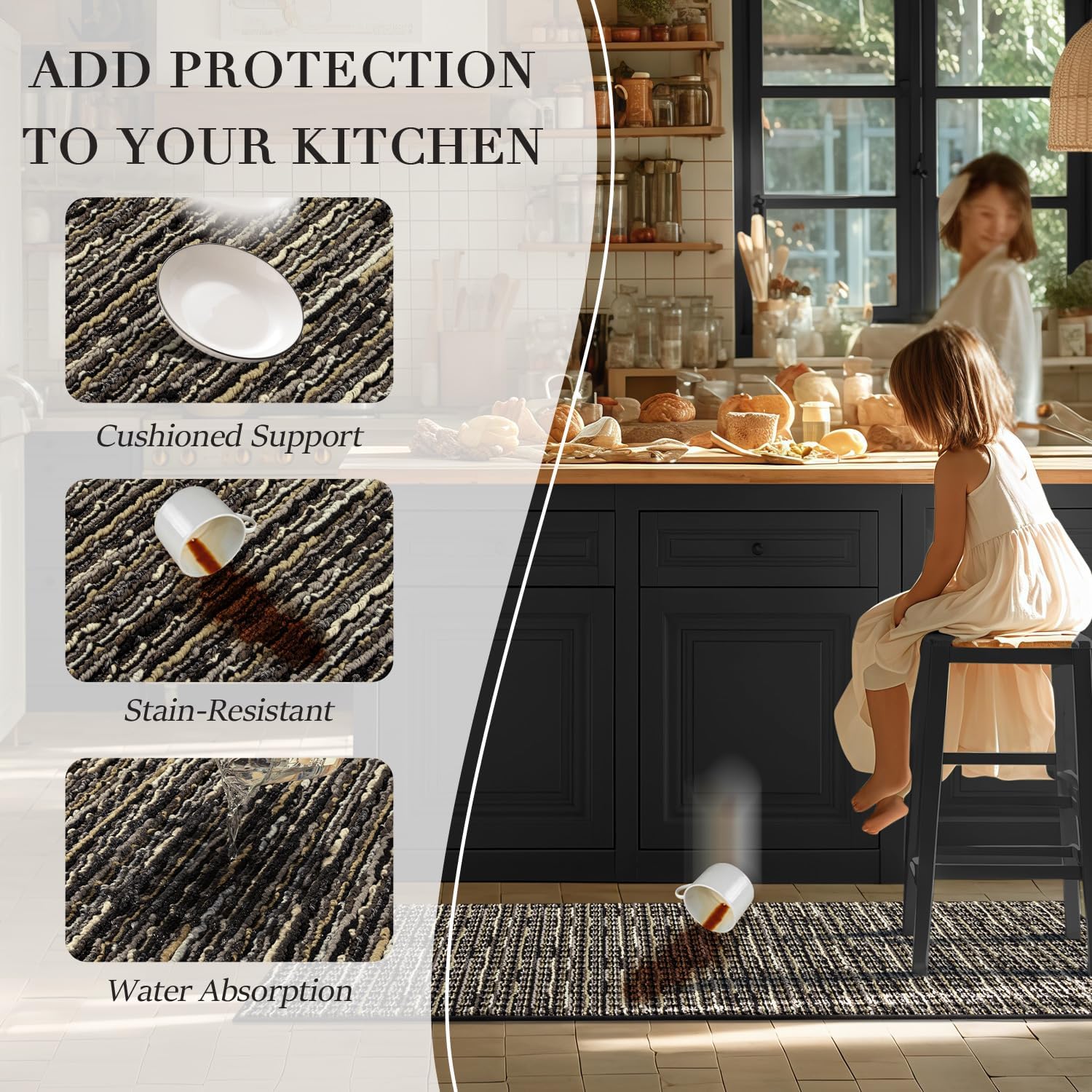 Thumbnail 3 de Kitchen Rugs Set of 2: Non-Slip, Stain-Resistant Runner + Mat (Black, 20"x47" + 20"x32")
