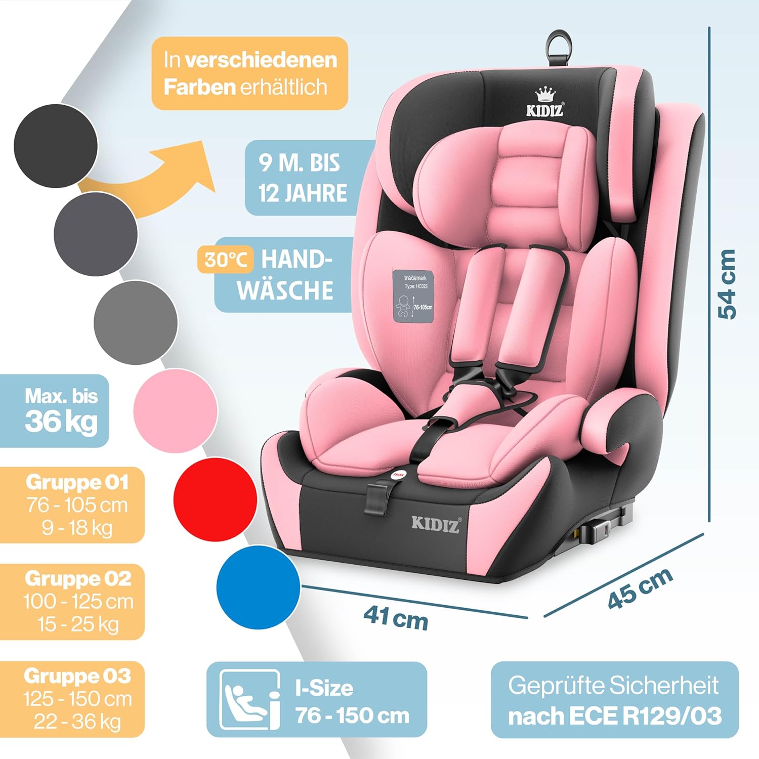 Thumbnail 1 de KIDIZ Autokindersitz mit ISOFIX i-Size R129 (100–150 cm) und 5-Punkt-Gurt, rosa