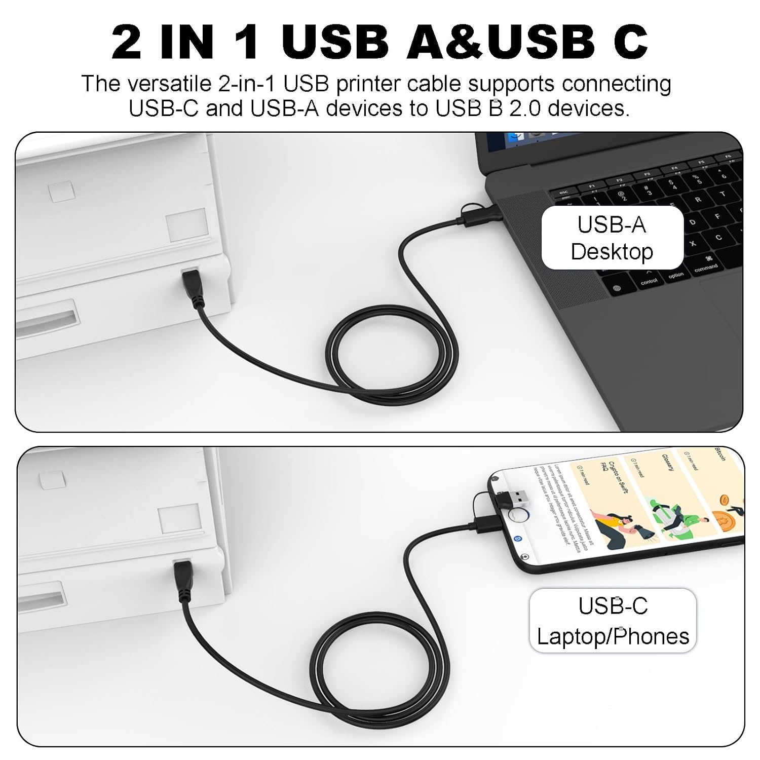 Detalle de Zosvoses USB A/C auf USB B Druckerkabel 2-in-1 – Hochgeschwindigkeits-Scanner-/Druckerkabel, 1 m, USB-C/USB-A kompatibel