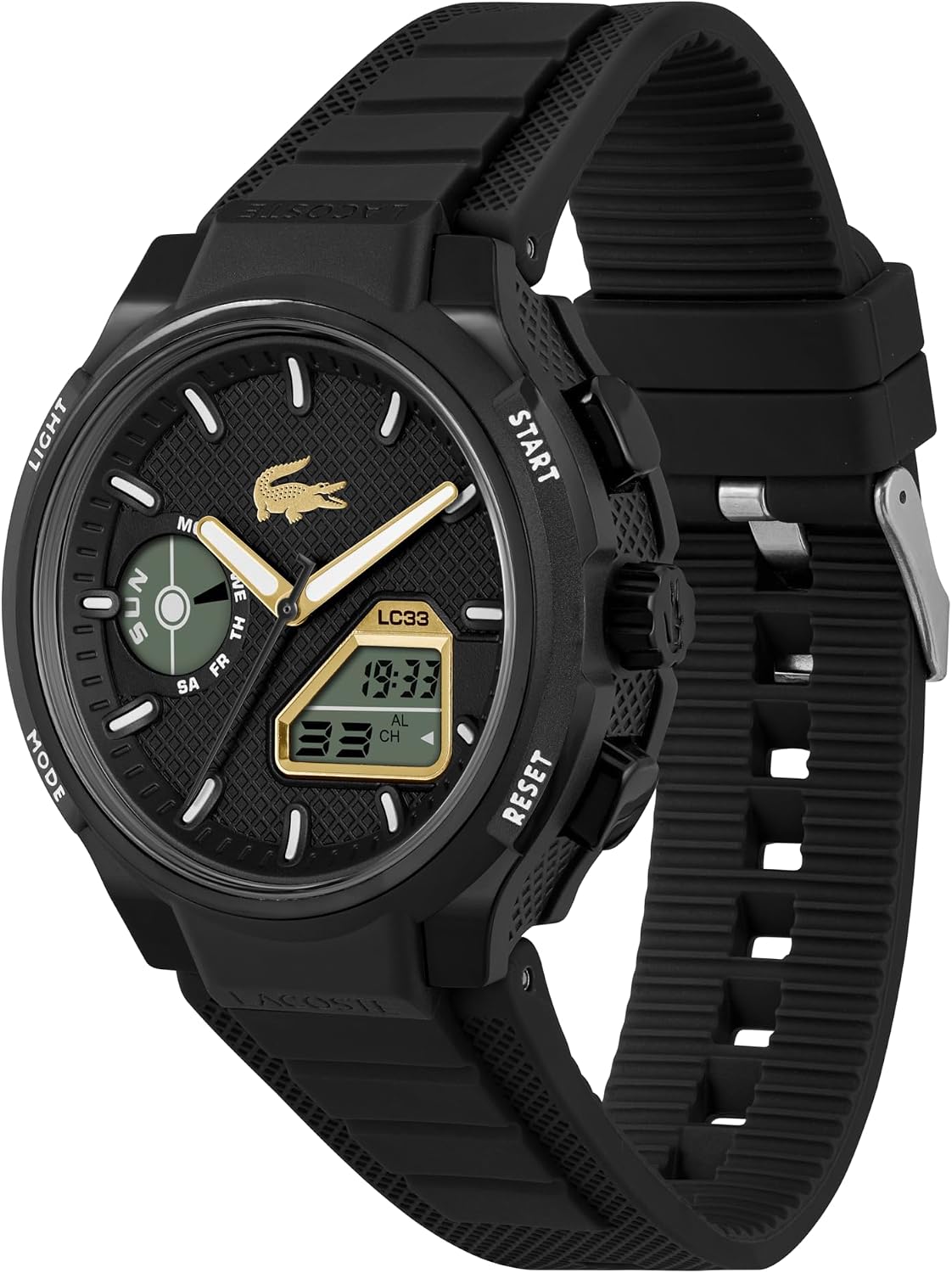 Detalle de Lacoste LC33 Montre hybride analogique-digital – 45 mm, bracelet silicone, étanchéité 10 ATM