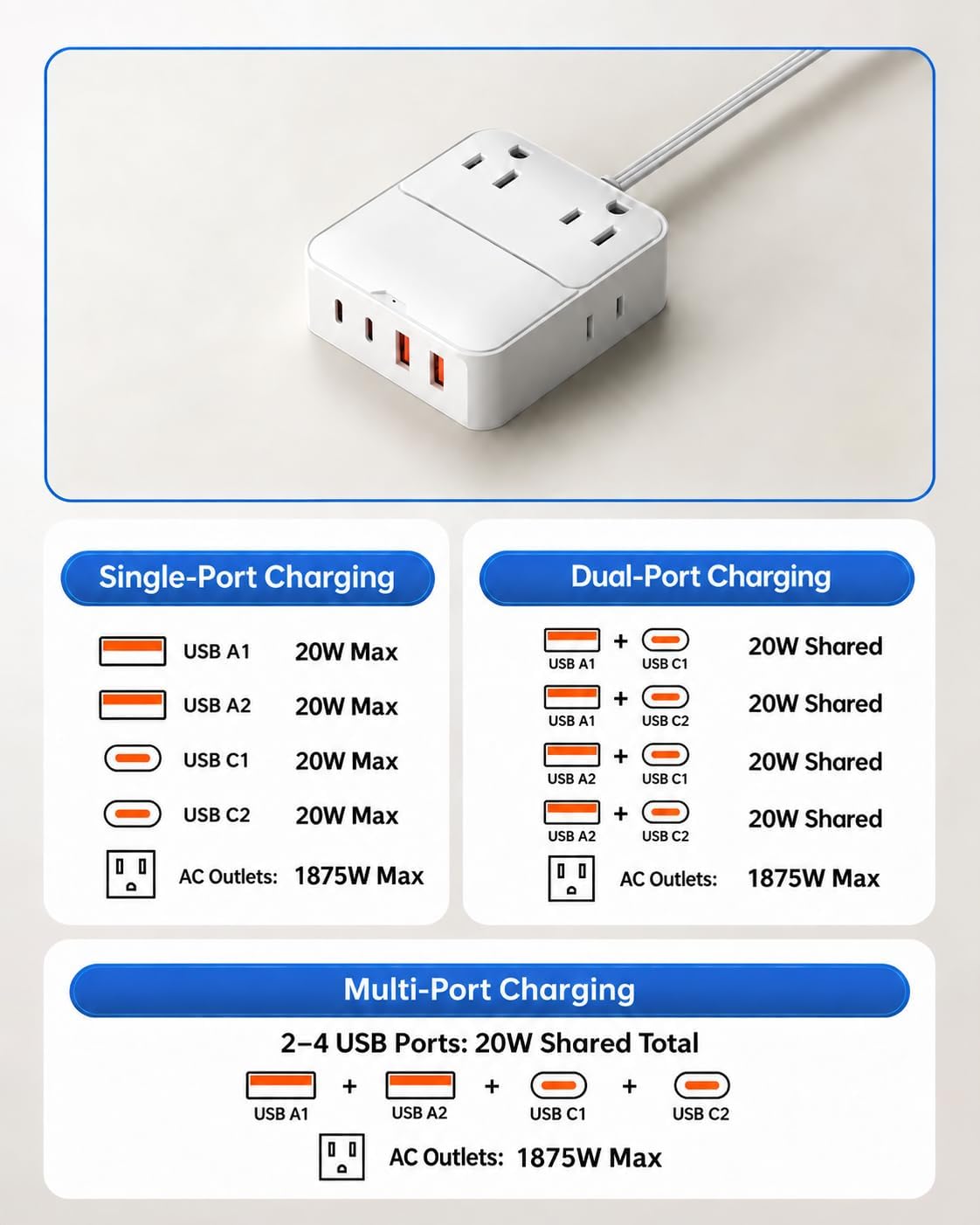 Thumbnail 6 de KWRNVO CT-1250 Split Extension Cord, 12 ft, 16-in-1 Charging Station