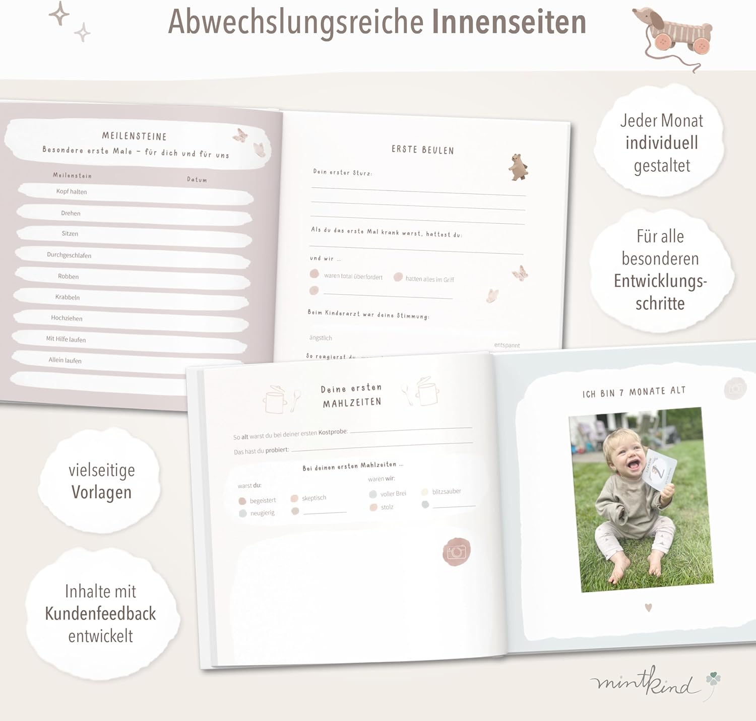 Thumbnail 3 de mintkind® „Mein erstes Jahr“ Babyalbum Pattern Rosa – sanftes Babytagebuch mit 176 Seiten & Sticker-Set im Hardcover