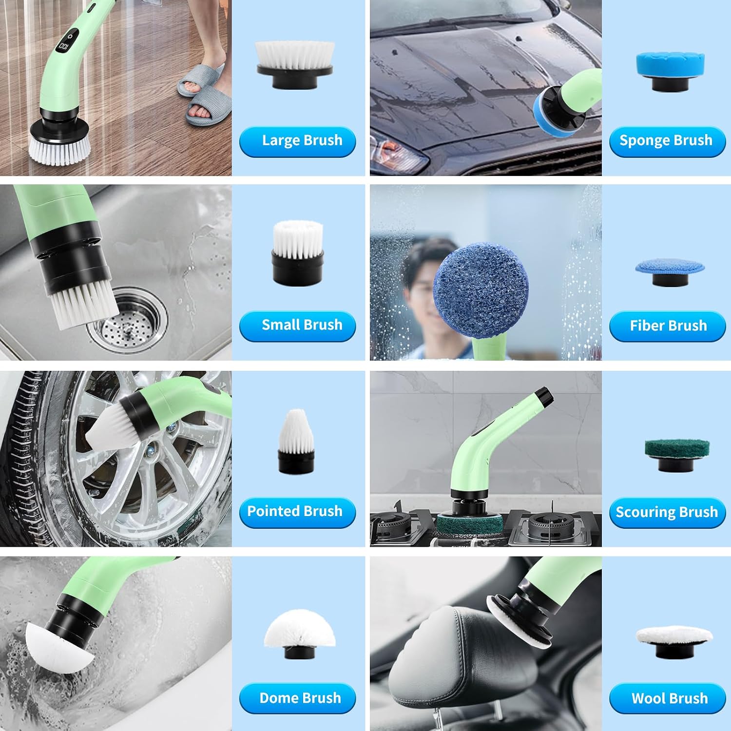 Thumbnail 6 de SINZUX Electric Spin Scrubber with 8 Replaceable Heads, LED Display and Adjustable Extension Handle (Green)