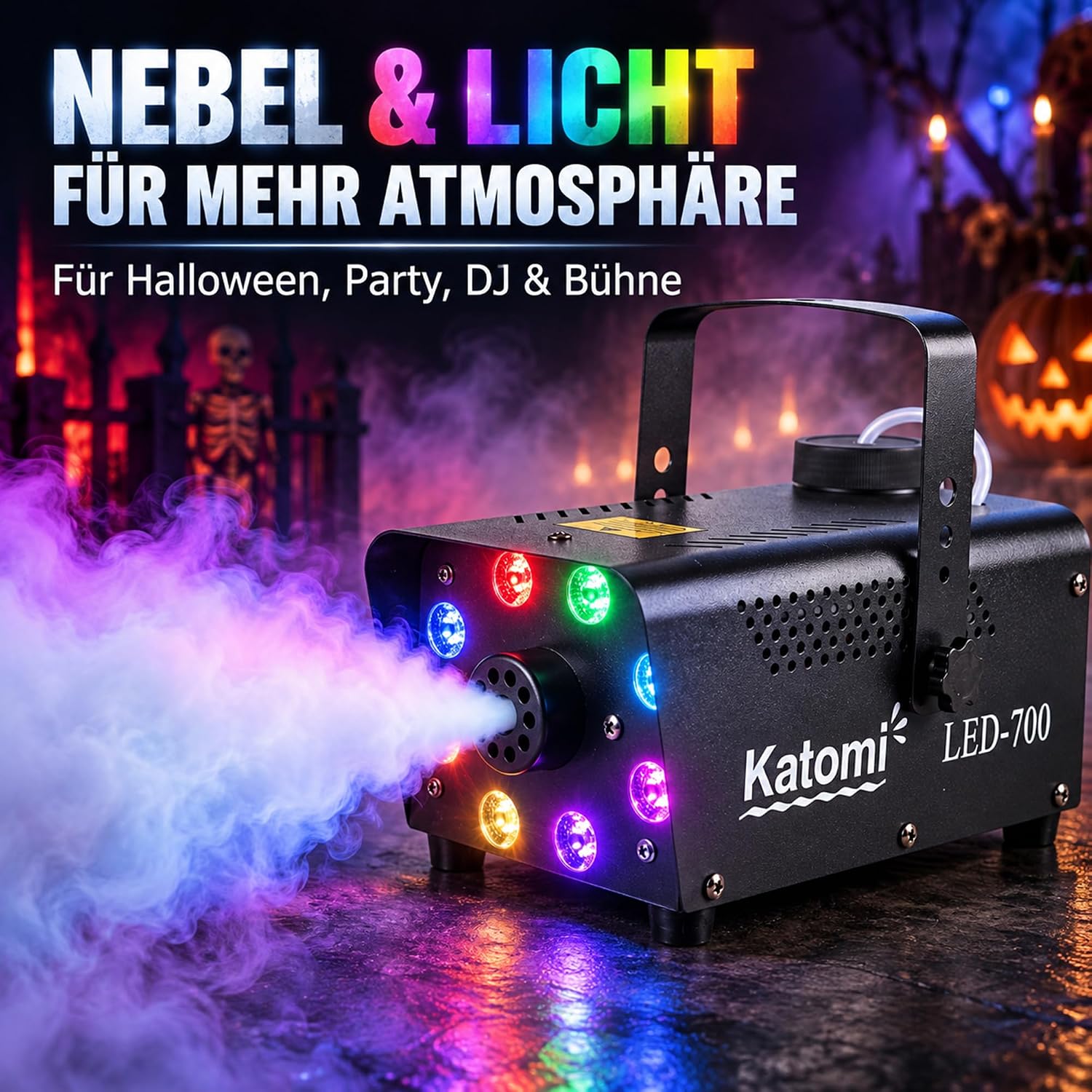 Detalle 2 de Katomi Nebelmaschine 500W mit 8 RGB LEDs – Mini-Fogmaschine mit 3 m Kabel-Fußschalter & Funkfernbedienungen