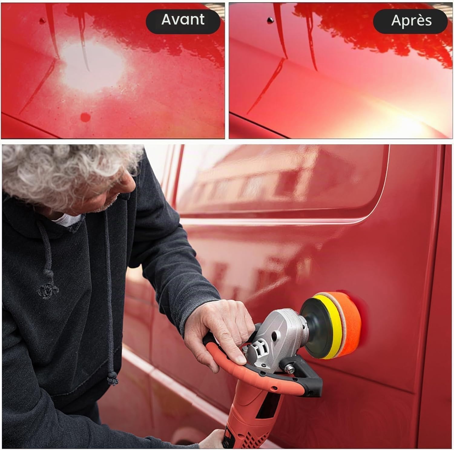 Detalle de BASVII 31 Kit Polissage Voiture – 25 pièces, pad 80 mm et tampons laine, adaptable perceuse