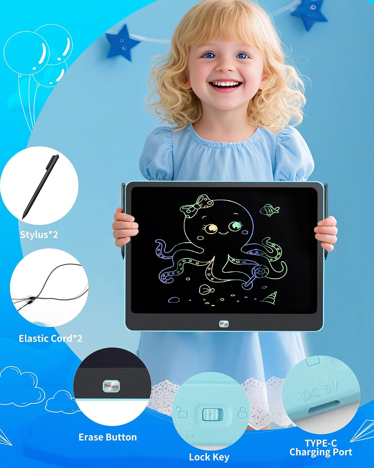 Detalle de Rechargeable 16-inch LCD Writing Tablet for Kids (Blue) – Rechargeable doodle board with styluses for ages 3–8