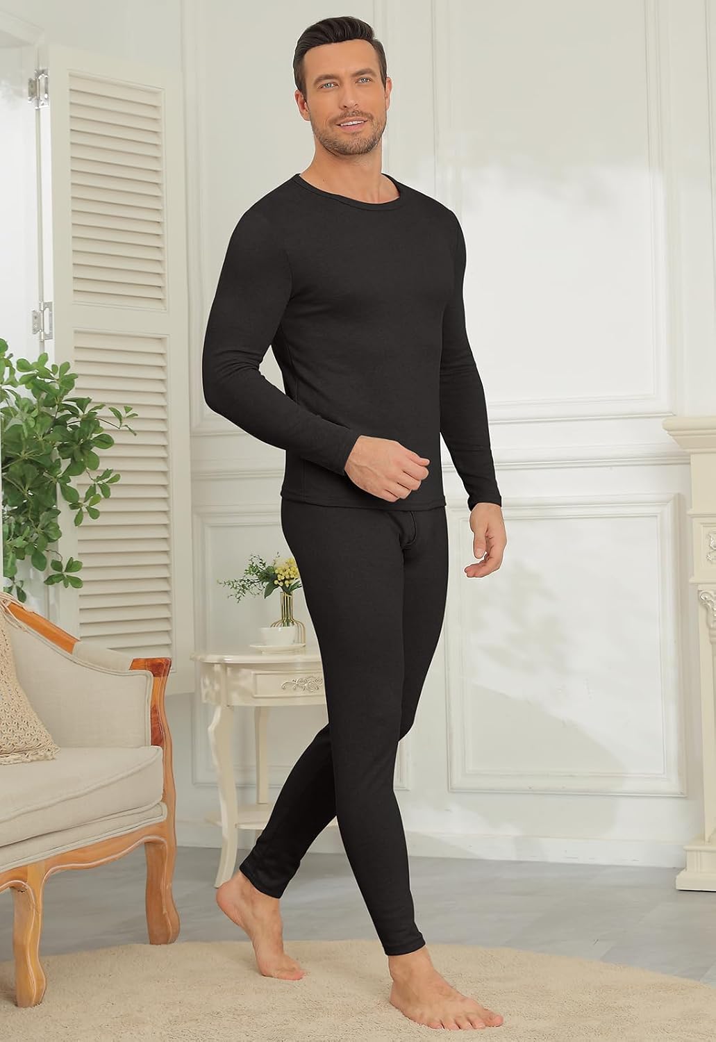 Detalle de Ensemble de sous-vêtements thermiques homme KUYIGO (haut manches longues + caleçon long) en mélange laine, soie et polyester