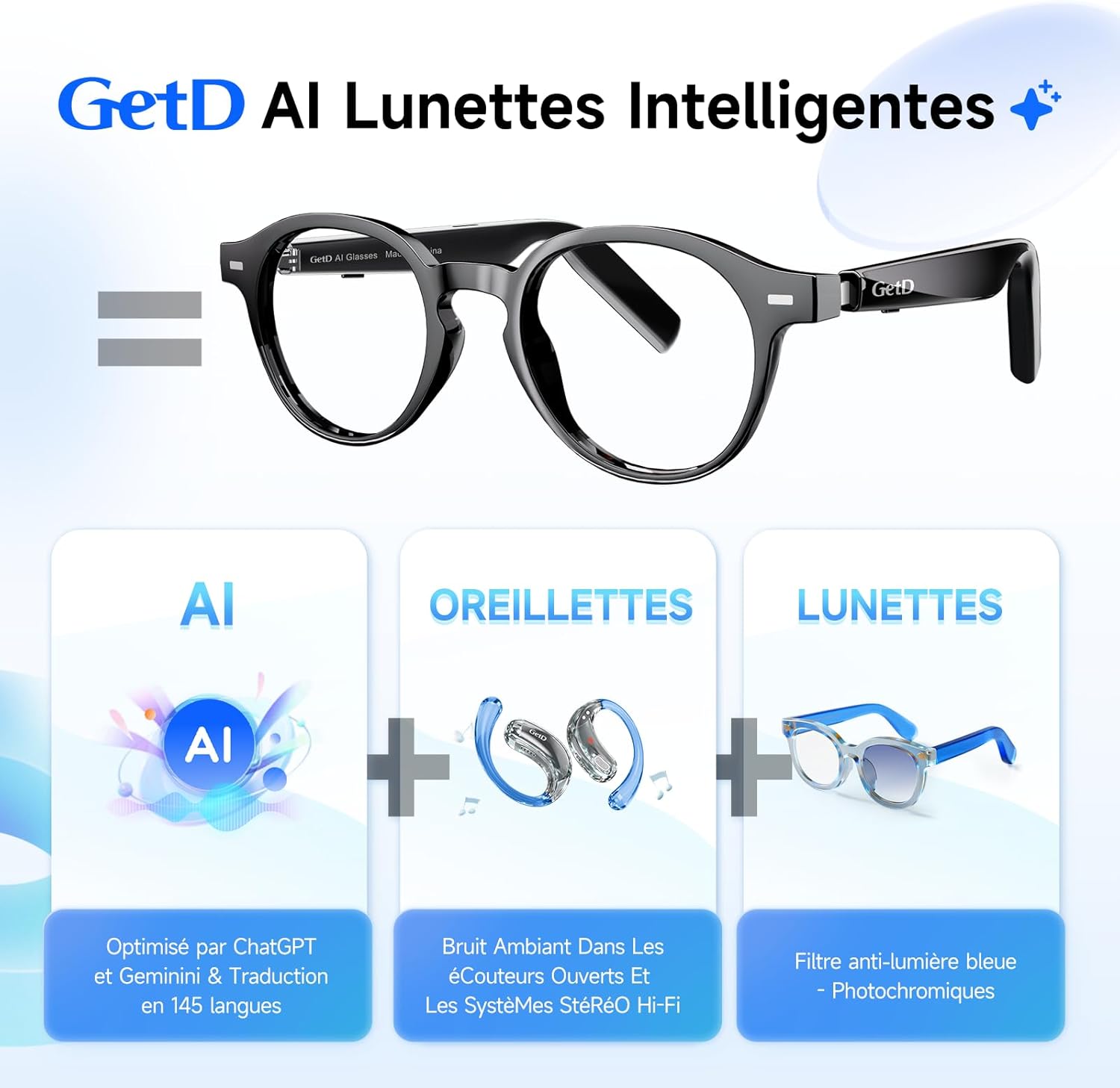 Thumbnail 1 de GetD Lunettes AI Intelligentes: lunettes 3 en 1 avec audio Bluetooth et Assistant AI