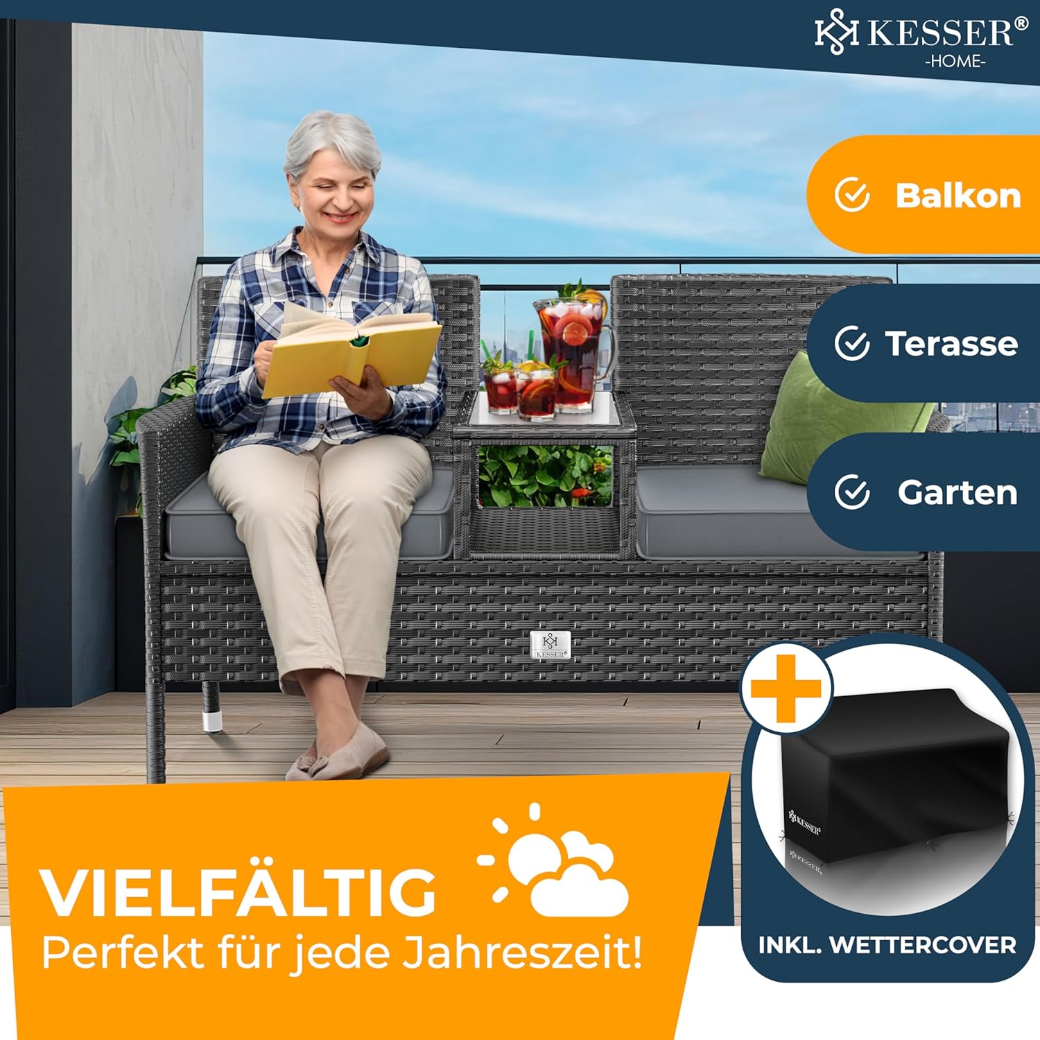 Thumbnail 5 de KESSER Polyrattan Gartenbank mit Tisch, 2-Sitzer, 143x63x88 cm – wetterfest, inkl. Kissen & Cover, Anthrazit