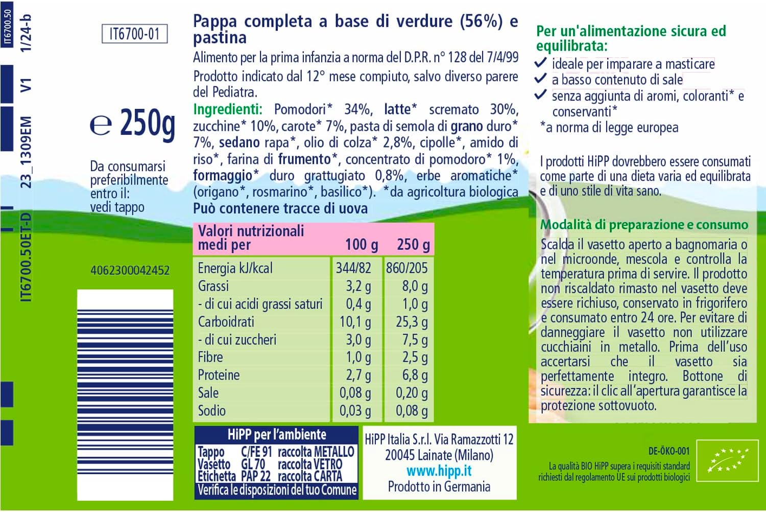 Detalle de HiPP Pappa Pronta Completa Bio – Ditalini Alle Verdure, 6 Confezioni da 250 g