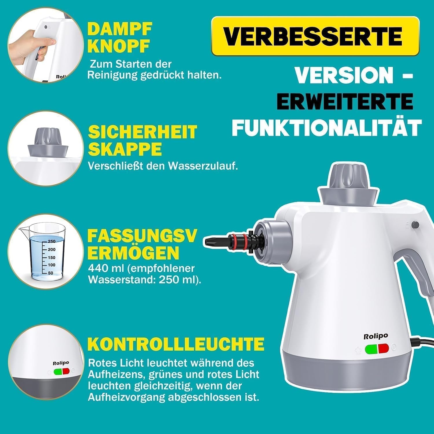 Thumbnail 6 de Rolipo Dampfreiniger Handgerät mit 12-Teiligem Zubehör – 1050W, 135°C, chemiefrei reinigen