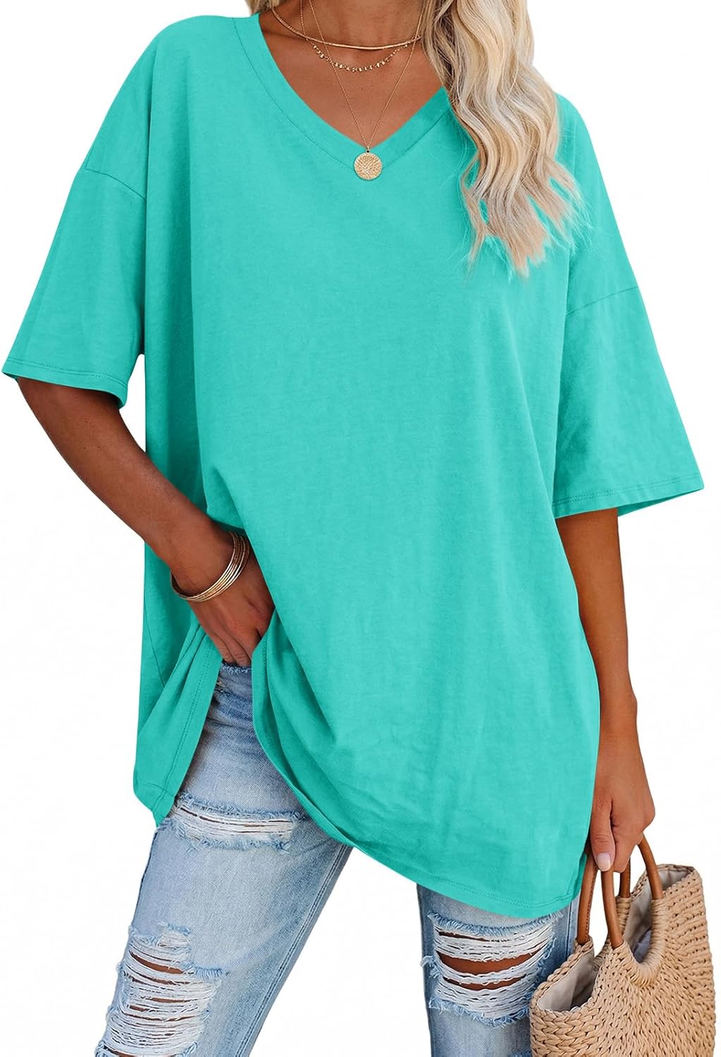 Thumbnail 3 de Ebifin Damen Oversize V-Ausschnitt T-Shirt – lockeres Basic Sommer-Top