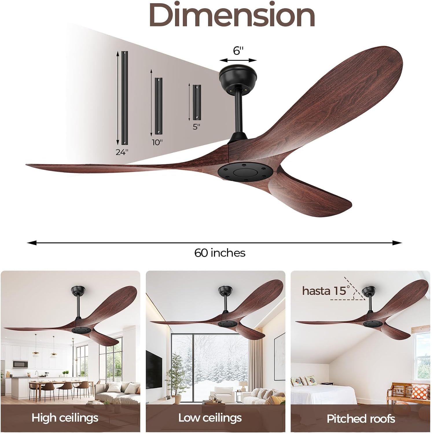 Detalle 2 de Obabala YM-QWABS001-60-002-3 60-Inch Ceiling Fan, Walnut, Remote, 6 Speeds