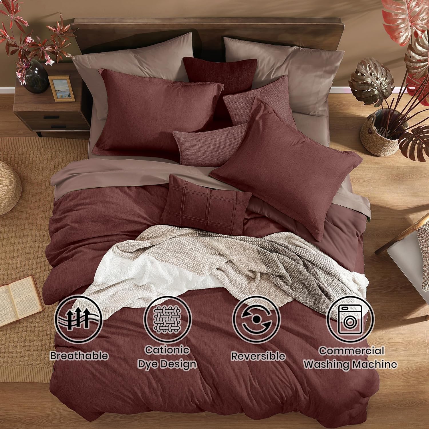 Detalle de Monbix Queen Comforter Set - 7 Pieces, Cationic Dyeing, Dark Red Bed in a Bag