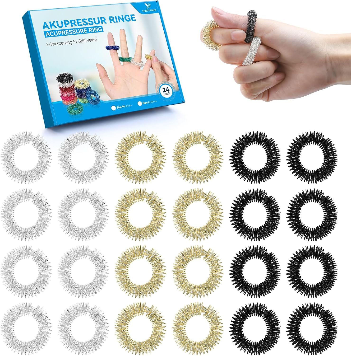 Detalle de YANGTSUNG 24-pack akupressurringar, 30 mm, i stål för fingermassage