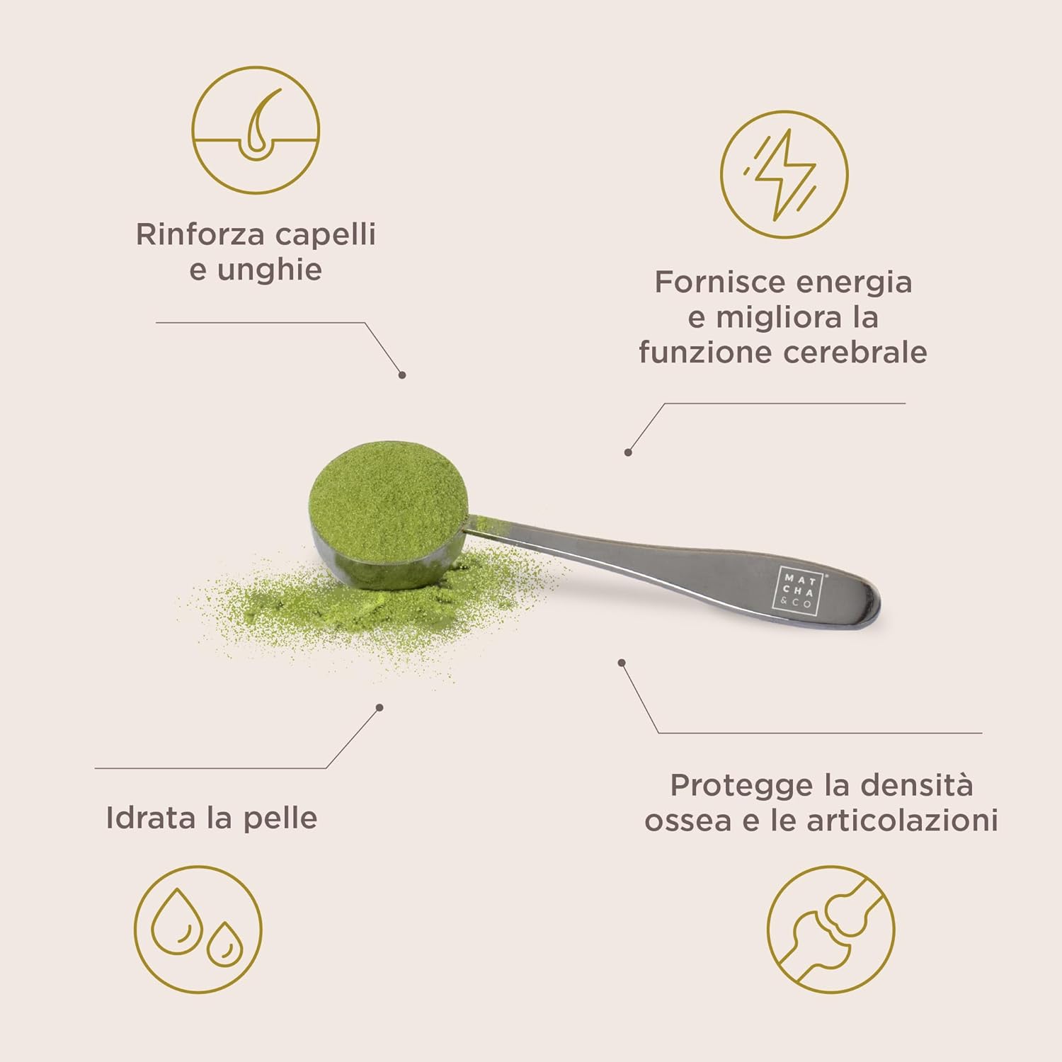 Detalle de Collagene al Matcha: collagene marino con magnesio, tè matcha e acido Ialuronico – 296 g