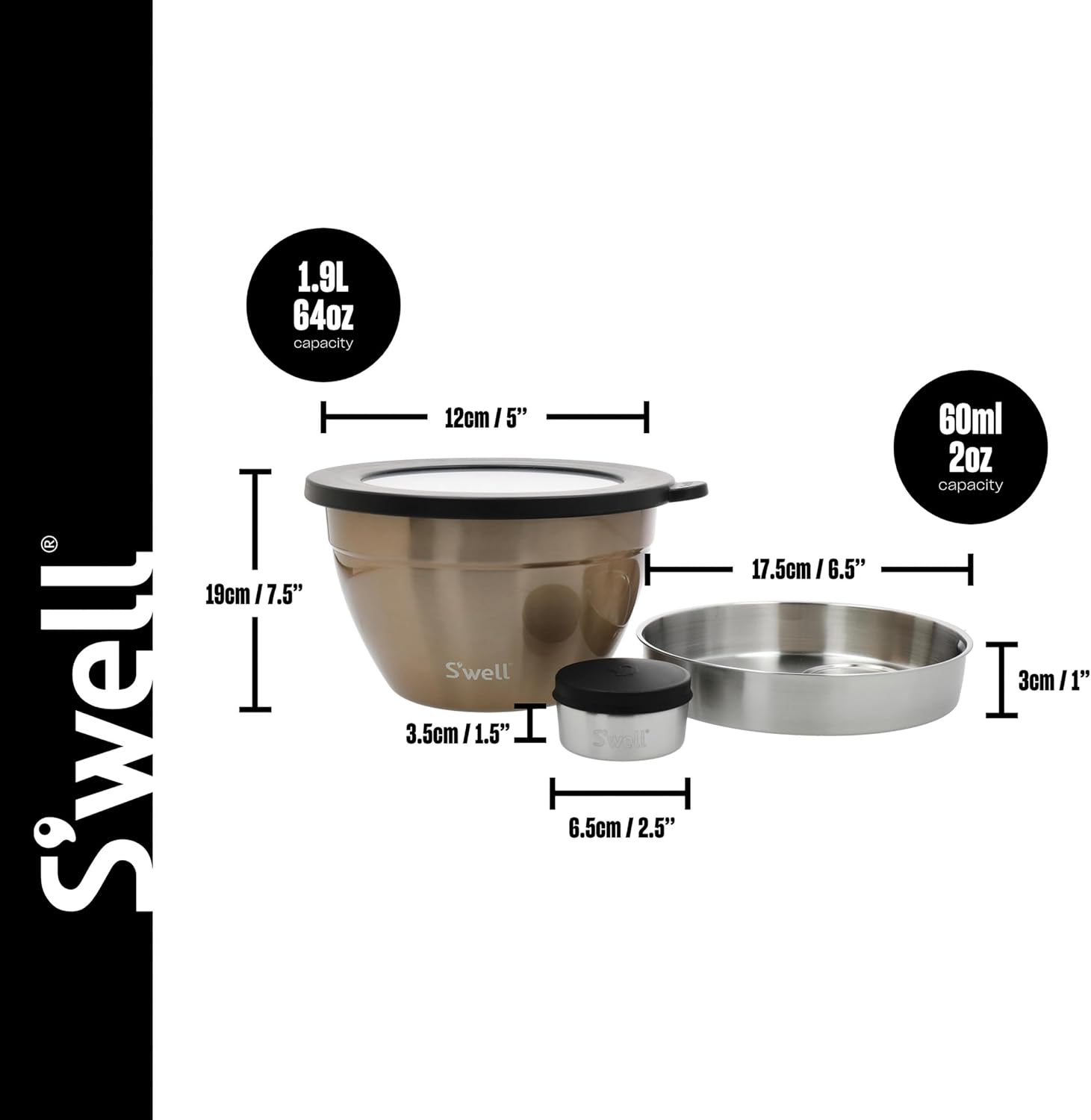 Detalle 2 de S'well Pyrite Salad Bowl Kit, 1.9L Stainless Steel with Removable Tray