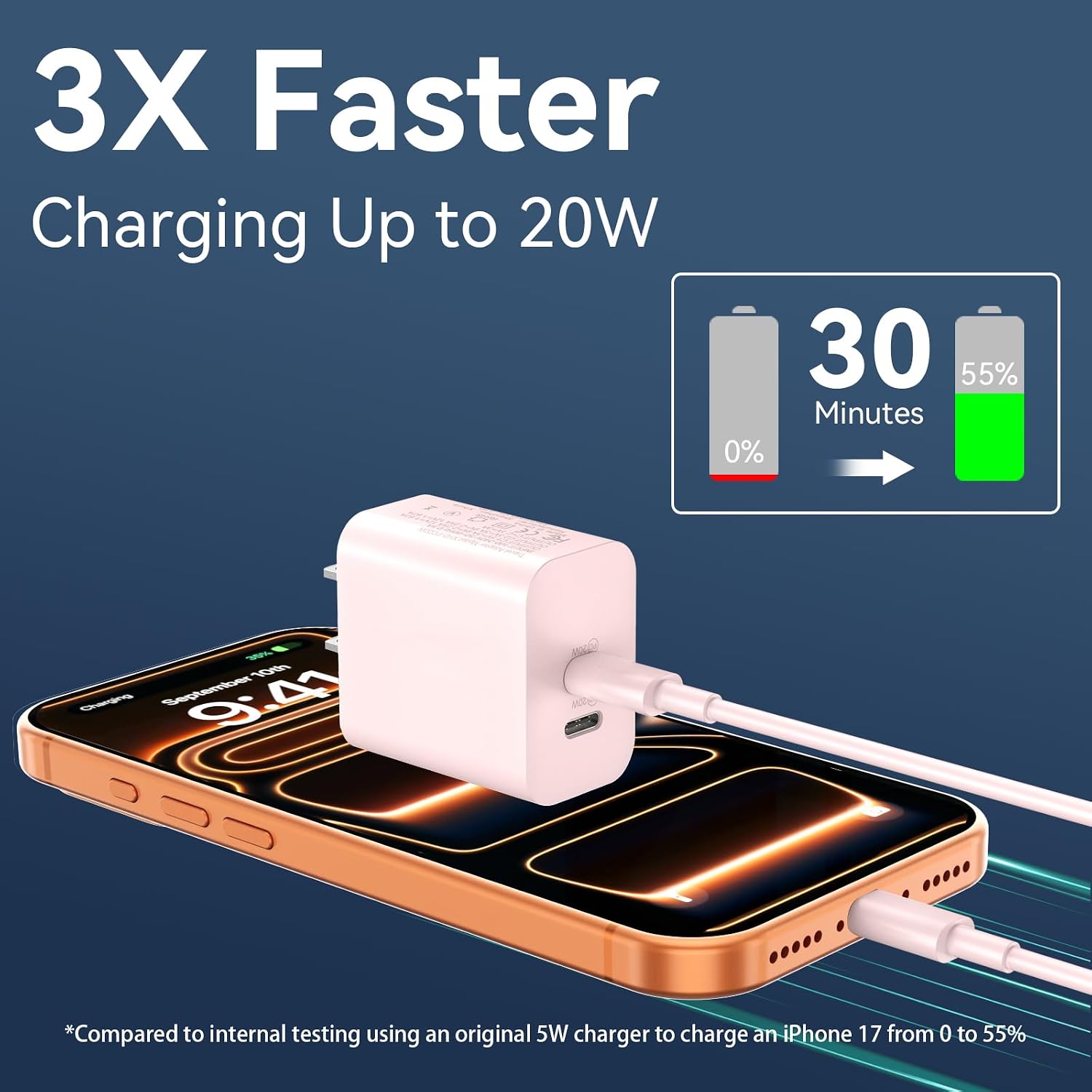 Detalle de Phone 17/16/15 Charger: 20W Dual-Port USB-C Block with 10ft Cable Kit