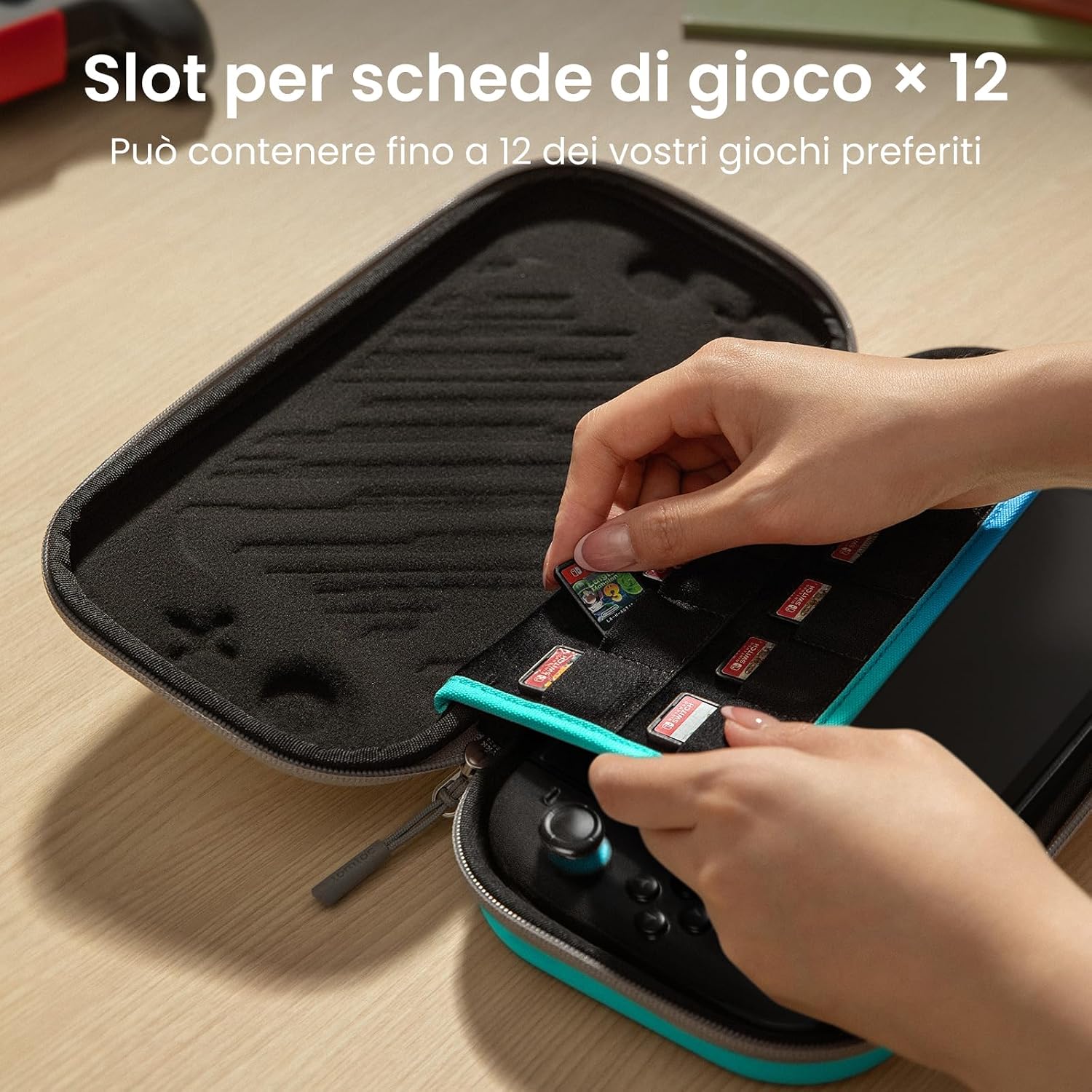 Detalle 2 de t omtoc Custodia per Nintendo Switch 2 (2025) con 12 cartucce: borsa slim da viaggio e protezione antiurto
