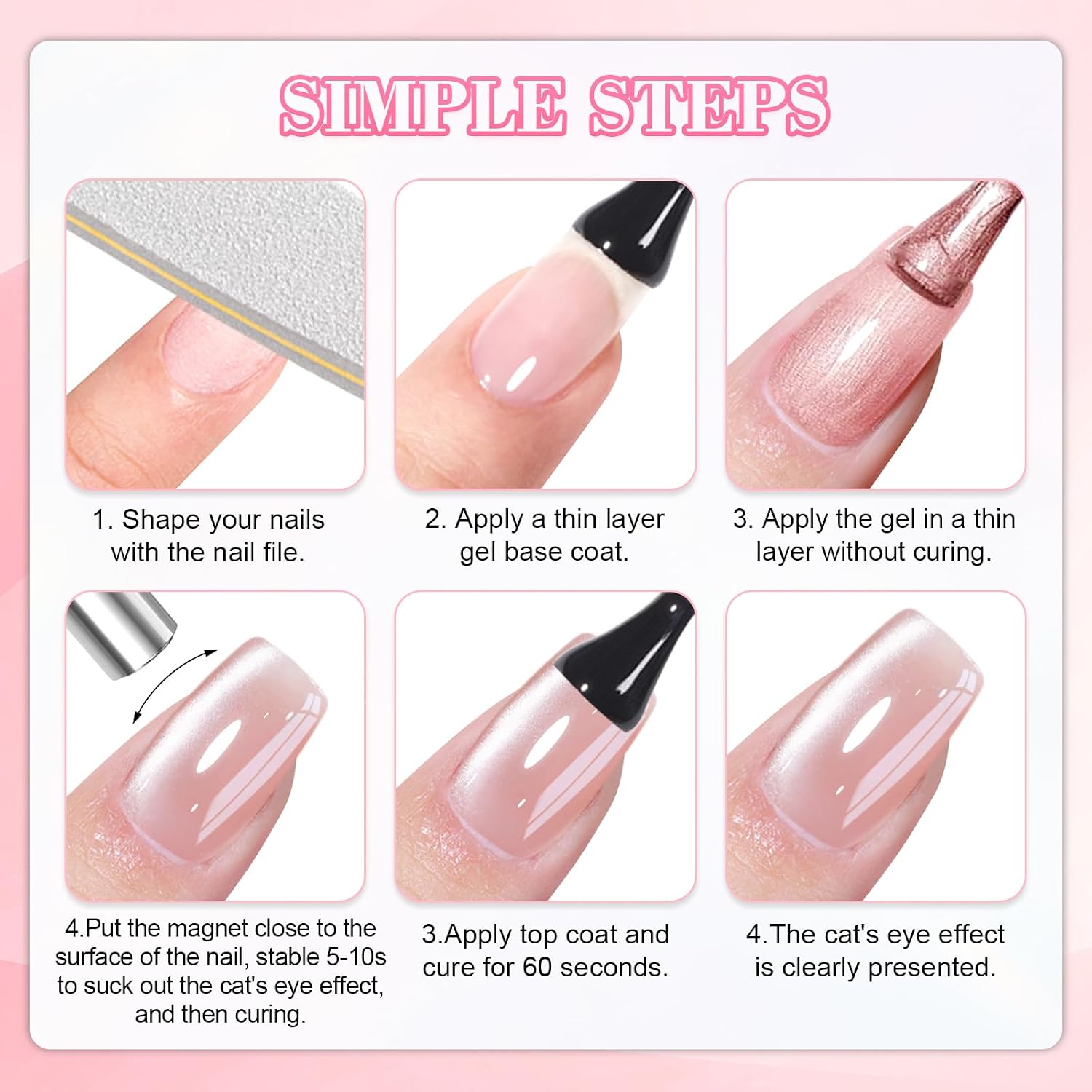 Detalle de YSUVIN UV Nagellack Cat Eye – 4 Rosé-Töne mit Magnet-Effekt, 8 ml pro Flasche