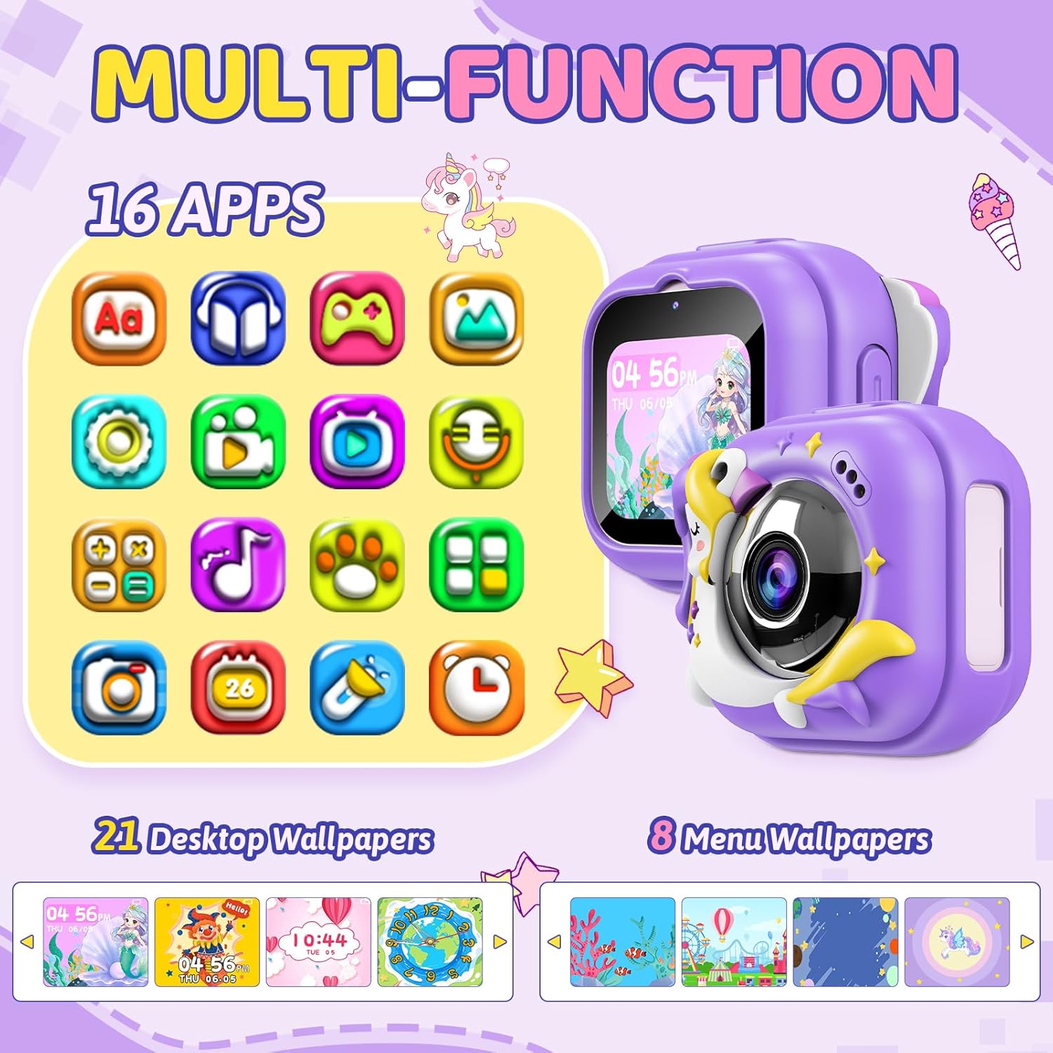 Detalle 2 de Kids smart camera toy with dual cameras, 1.8-inch touchscreen and learning games (Purple) for ages 3-12