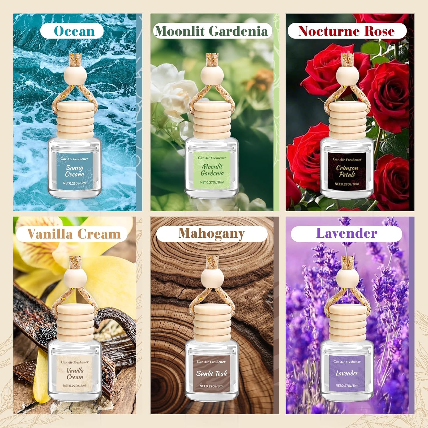 Thumbnail 6 de Vetuslumen 6-Pack Car Air Freshener for Women (8ml Each) — Hanging Glass Diffuser with Slow-Release Essential Oil Scents
