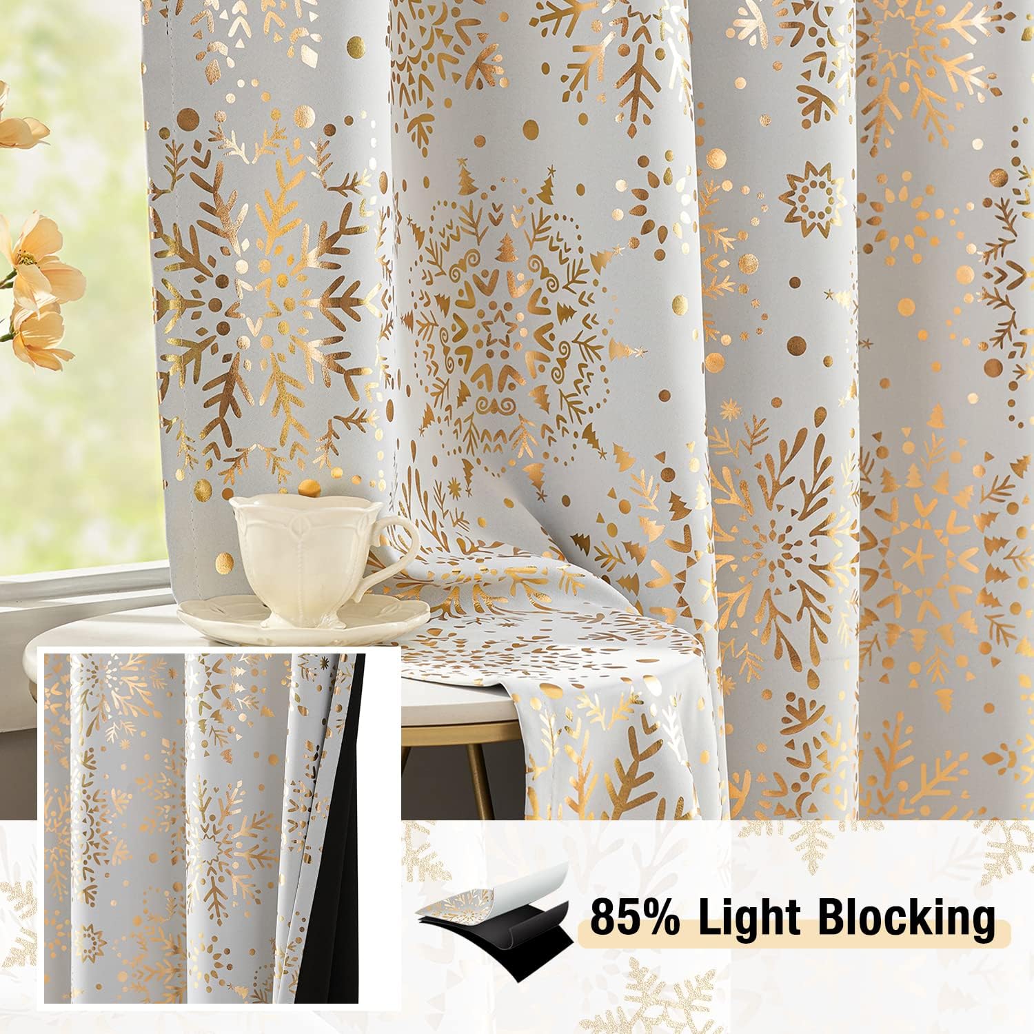 Thumbnail 3 de White Gold blackout curtains with medallion snowflake print – 90 inch triple-weave thermal set (1 pair, grommet)