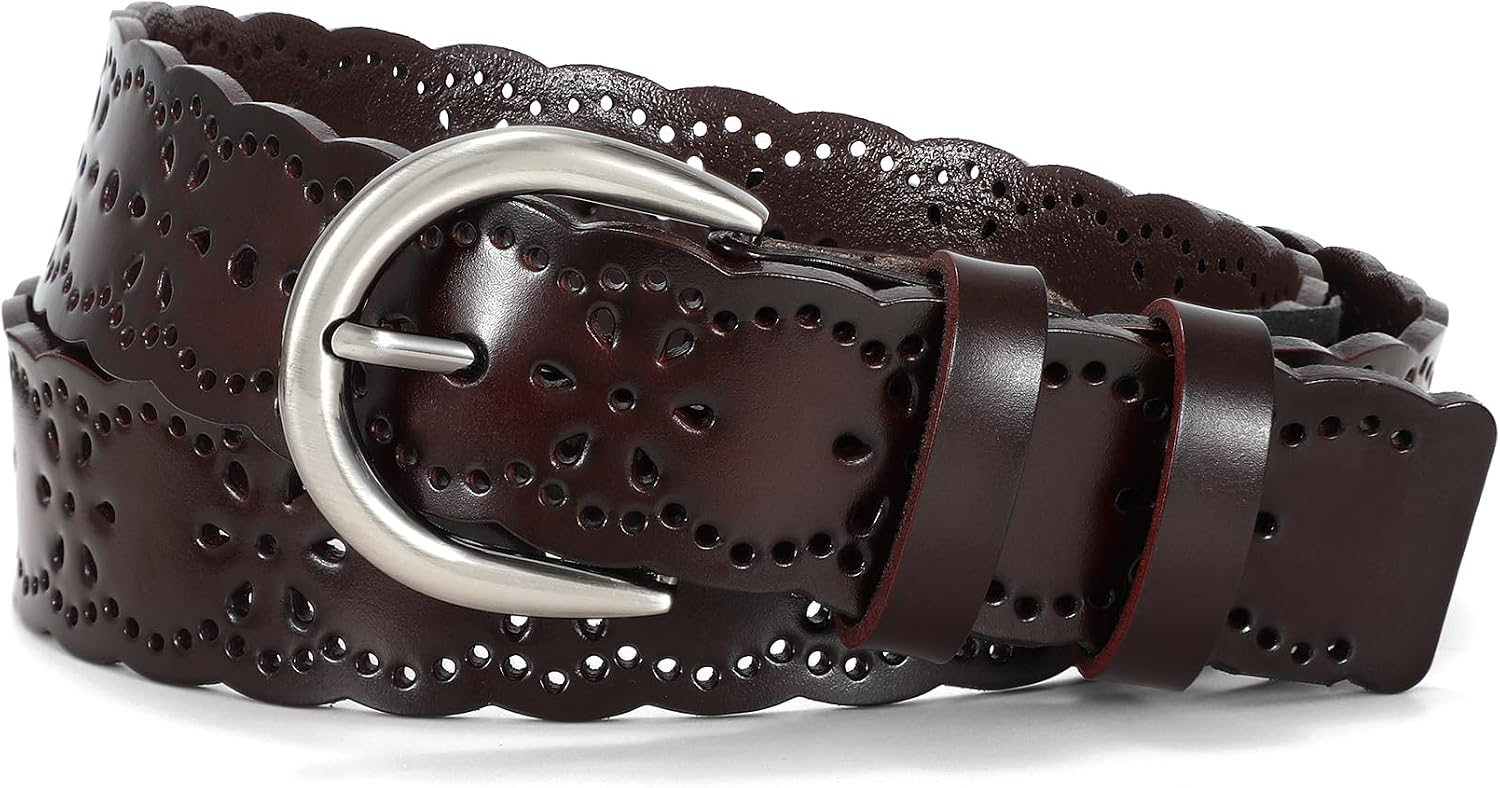 Detalle de JasGood Damen Ledergürtel mit hohlem Blumendesign – Dornschließe, 5 Größen, 4 Farben