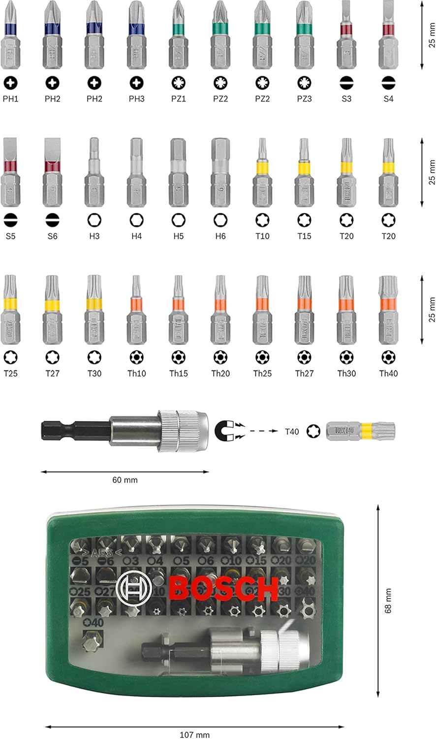 Thumbnail 2 de Bosch 32pc Screwdriver Bit Set with magnetic universal holder (PH, PZ, Hex, T, TH, S-bits)