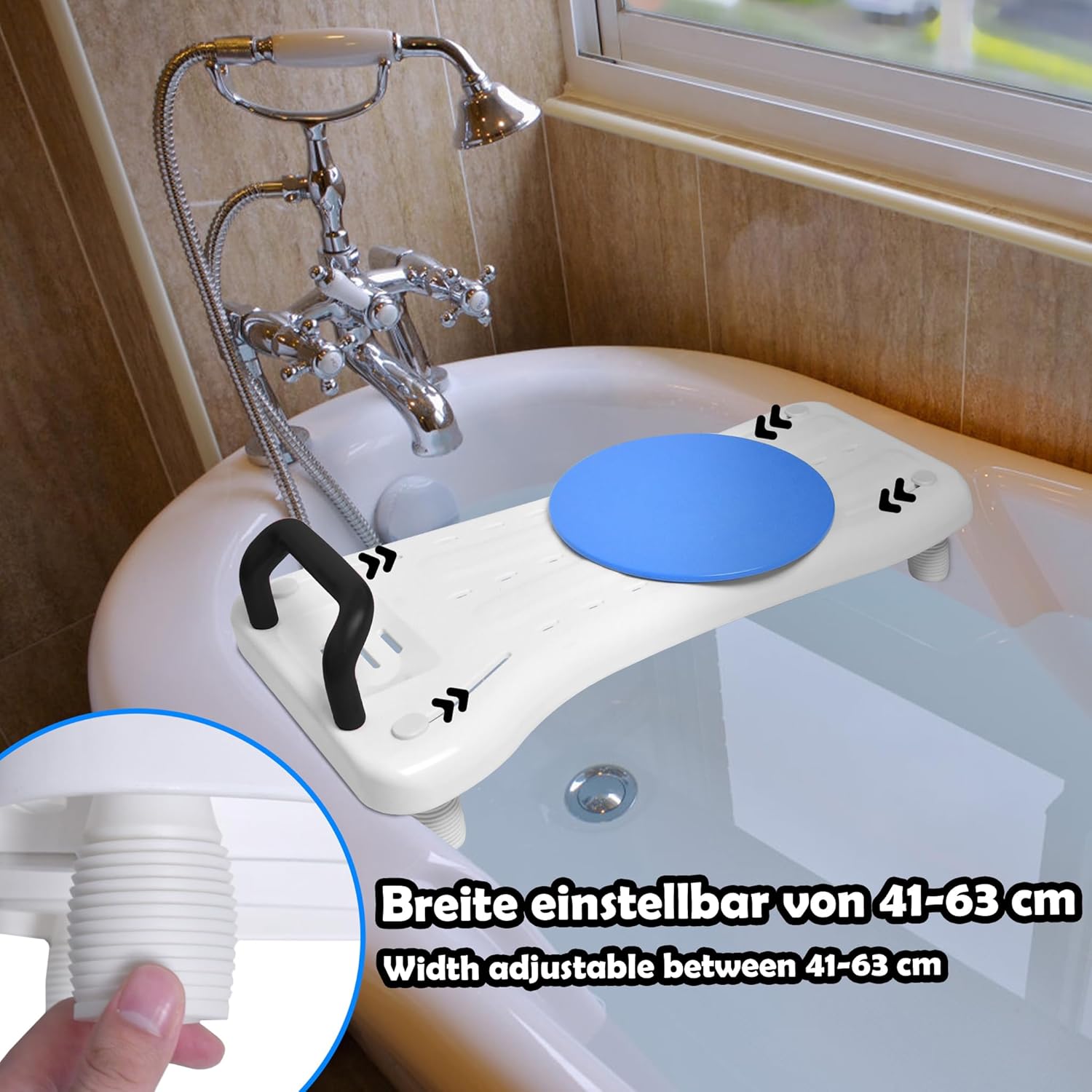 Detalle 2 de ACXIN Planche de bain réglable pour personnes âgées (41 à 63 cm) avec porte-savon, poignée et plaque tournante