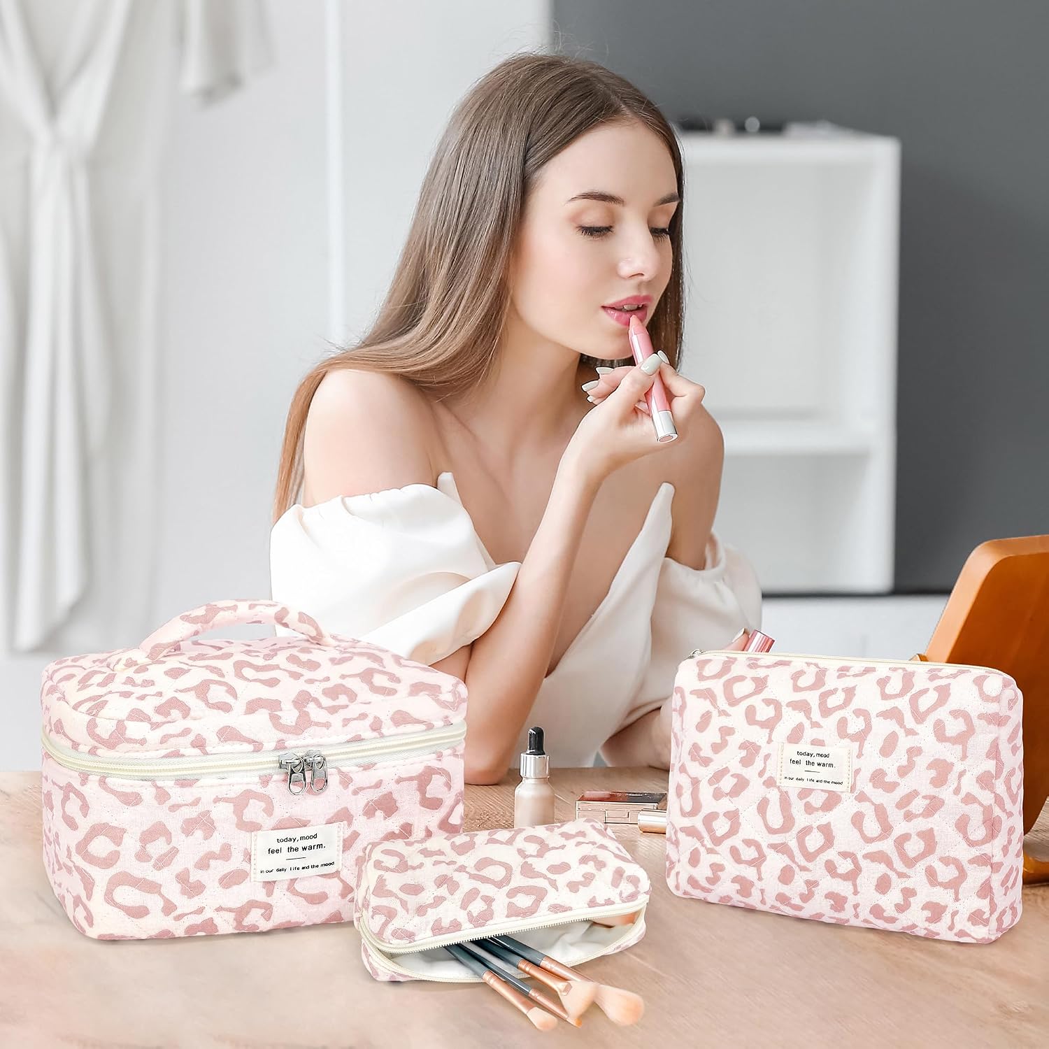 Thumbnail 4 de YMIFEEY 3er Kosmetiktasche Set Rosa Leopard – Groß, Mittel und Klein aus Baumwollfaser