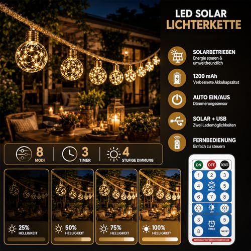 Detalle de Cnulenzt Solar Lichterkette Outdoor 20 Glühbirnen, 10 m, Hanfseil – dimmbar, Memory-Funktion, USB & Solar