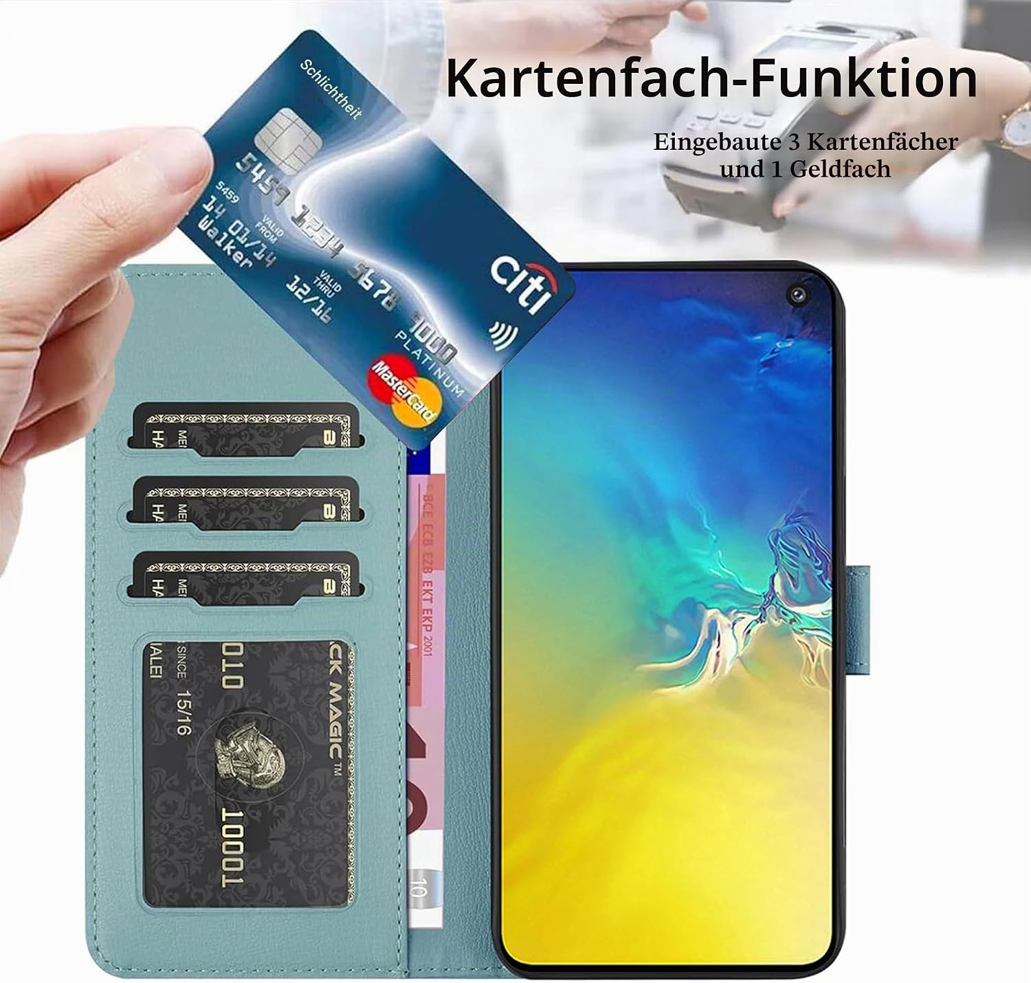 Thumbnail 3 de Jeffene Handyhülle für Samsung Galaxy S10e (5.8 Zoll) – Katzenmotiv Grün, Klapphülle mit 3 Kartenfächern, Ständer und Band