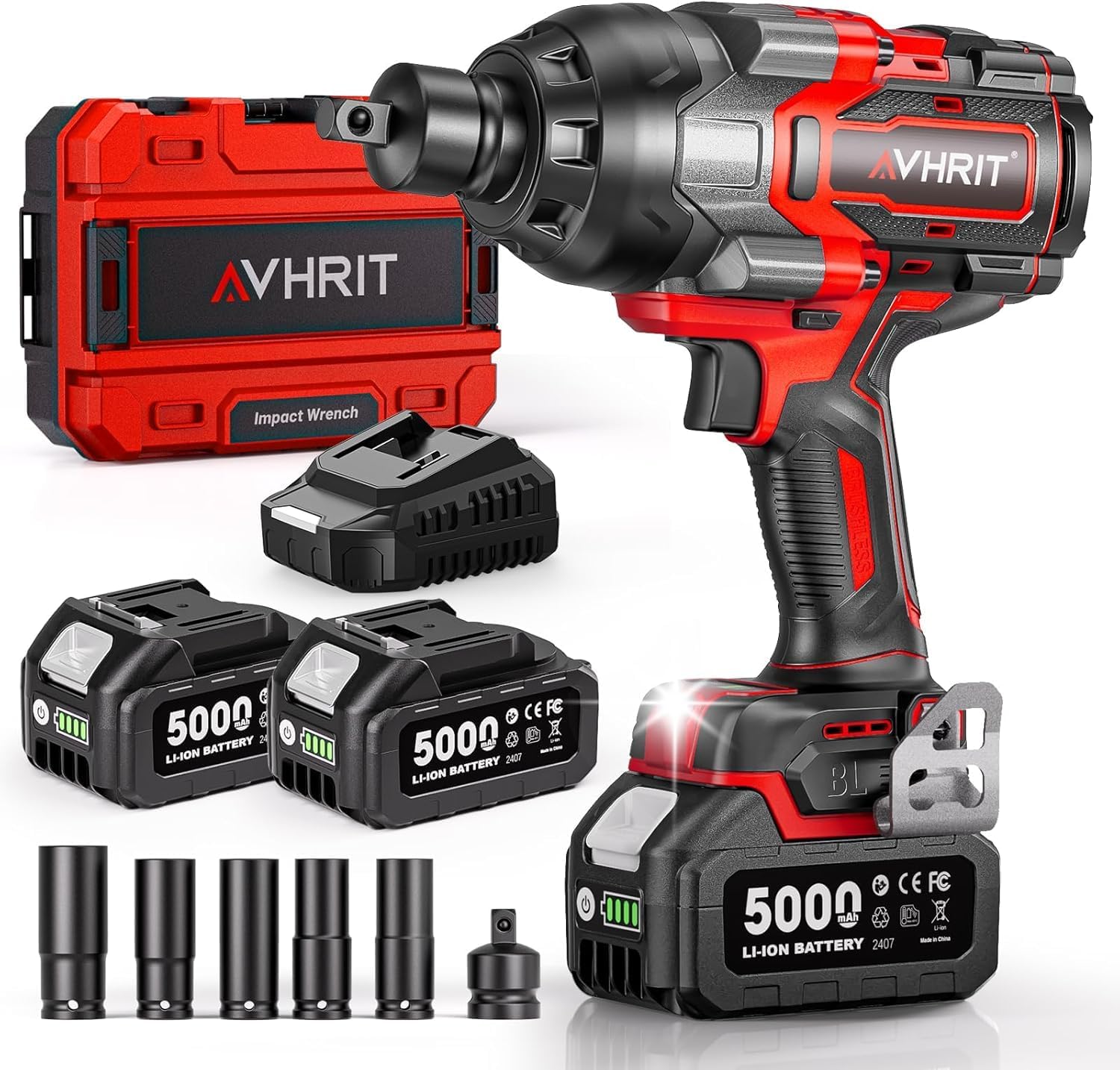 Detalle de Avhrit AH06 3/4-Inch Cordless Impact Wrench, Brushless Motor, 2 Batteries