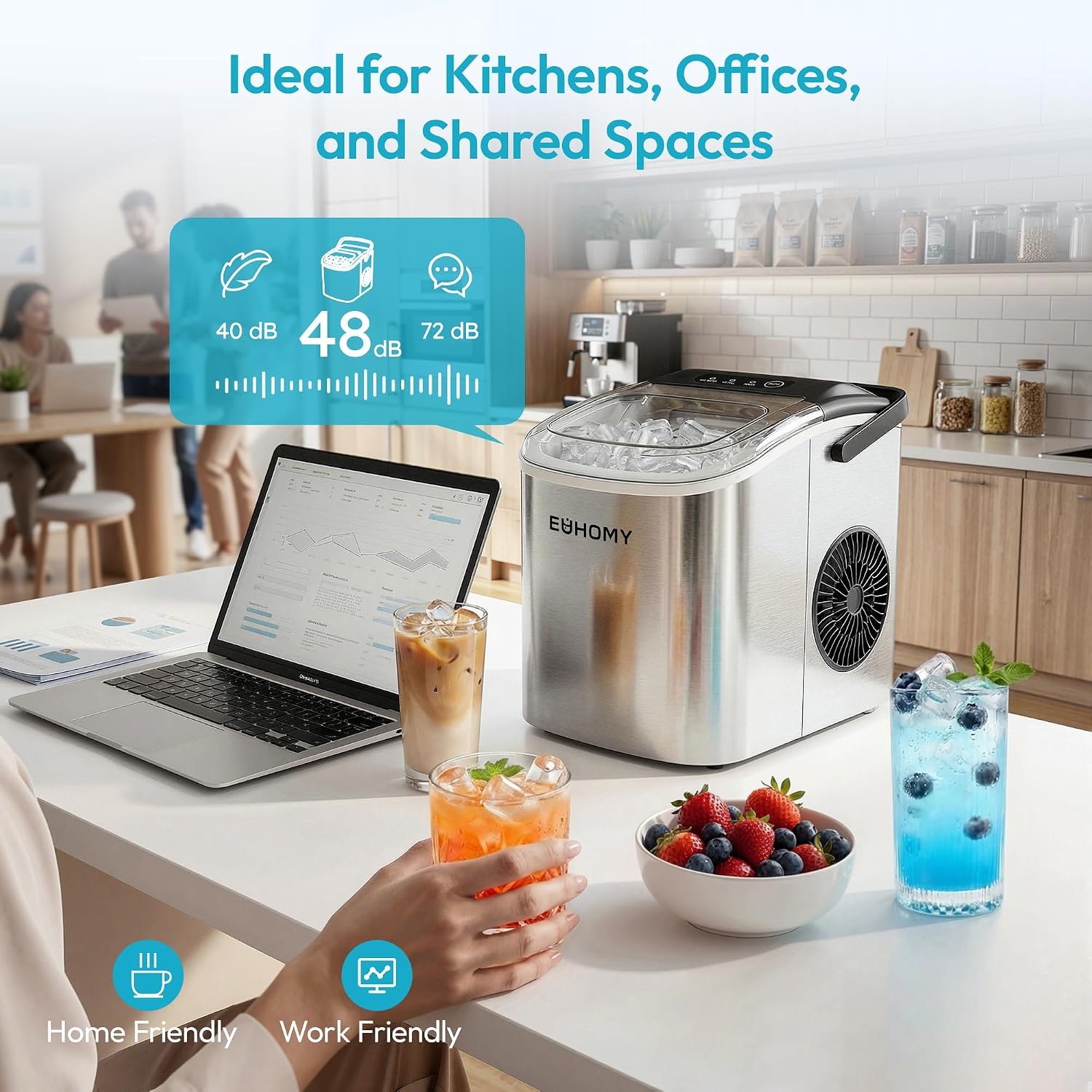 Detalle 1 de EUHOMY IM-06S-HM Countertop Ice Maker, Silver, 6-Minute Bullet Ice