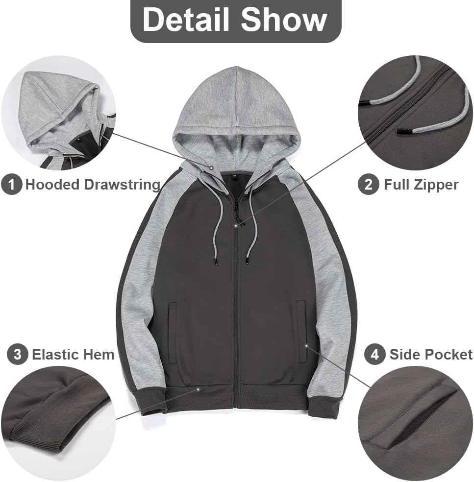 Detalle de Wirltte Men's Patchwork Zip Up Hoodie with Fleece – Winter Warm Hooded Jacket