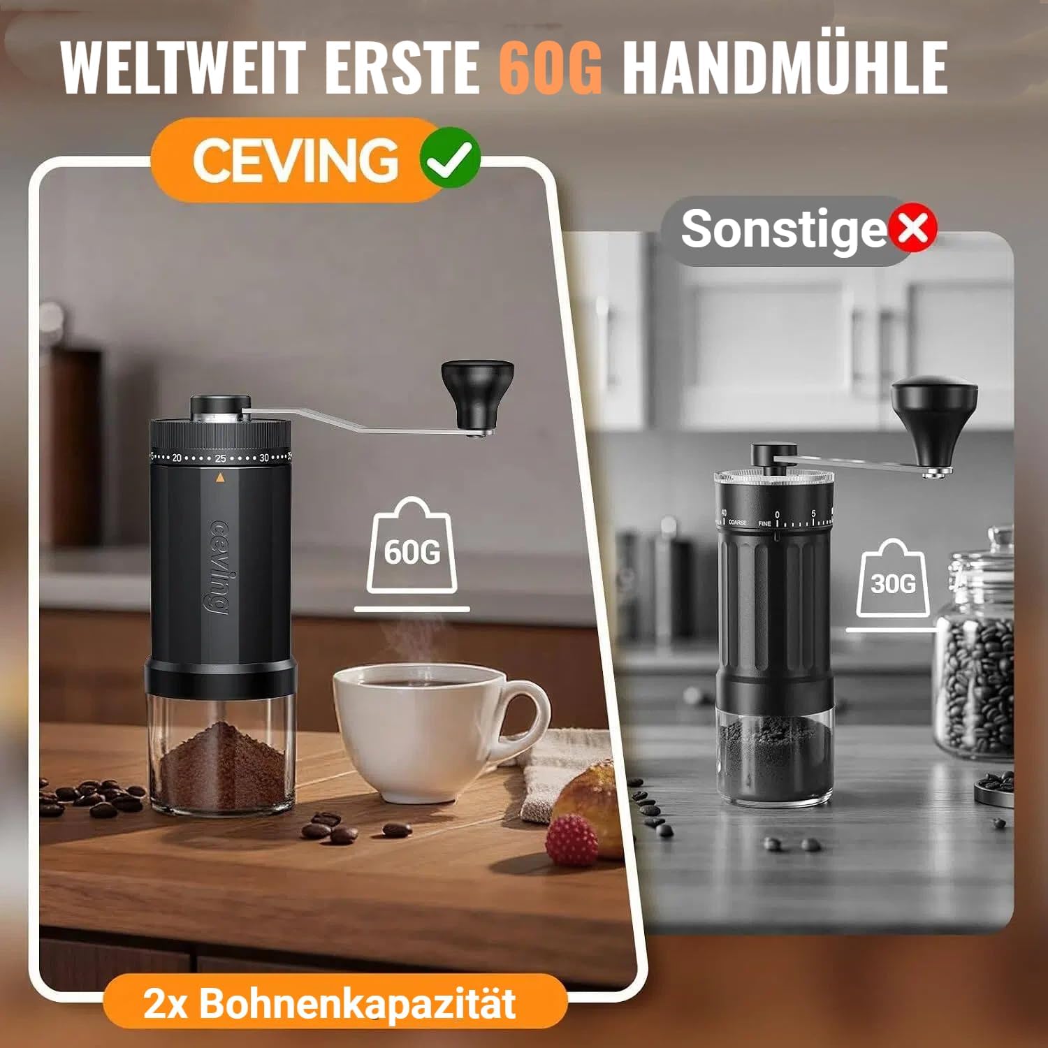 Detalle de CEVING Weltweit Erster Manueller Kaffeemahlwerk mit 60 g Kapazität – Keramik-Kegelmahlwerk, 40 Stufen, tragbar