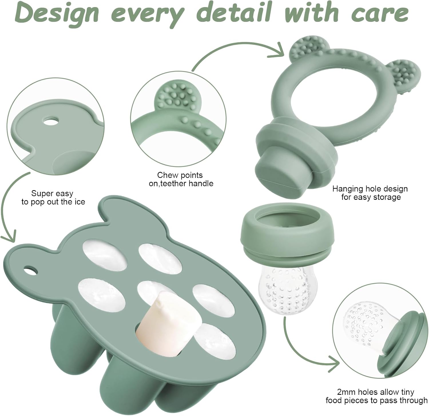 Thumbnail 4 de Aolso Fruit Food Feeder Set – Silicone Baby Feeder, Popsicle Tray & Storage (Green)