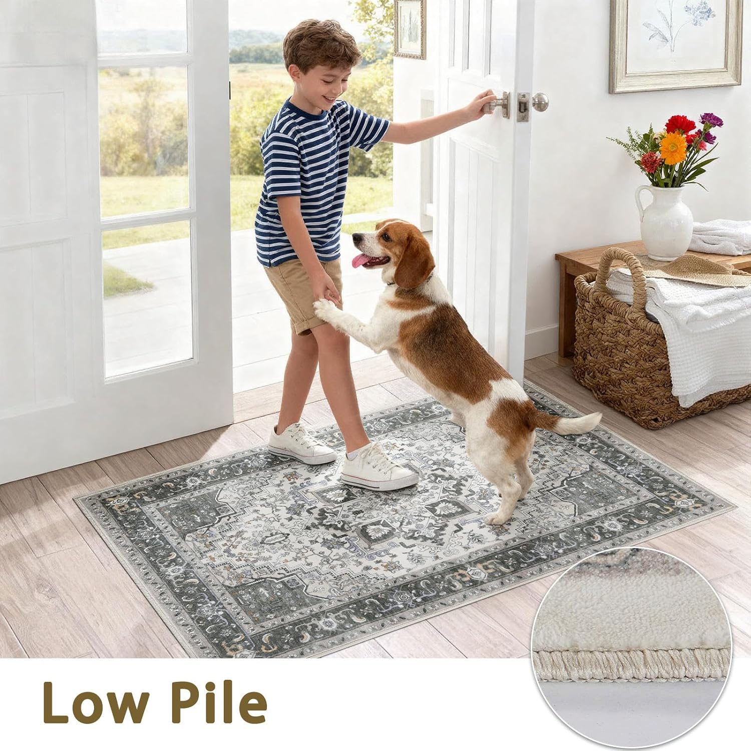 Detalle 2 de WEZVIX 6' x 9' Vintage Area Rug, Low-Pile Taupe with Rubber Backing