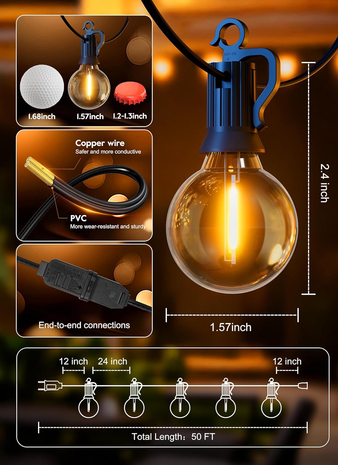 Detalle de Brightown Outdoor String Lights: 50 ft of Shatterproof G40 LED Bulbs, IP65 Waterproof & Connectable