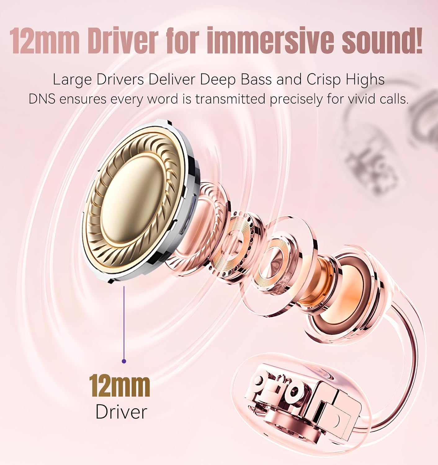 Detalle 2 de King Lucky i121 Open Ear Clip-on Wireless Bluetooth 5.4 Earbuds (Rose Gold) with Mic