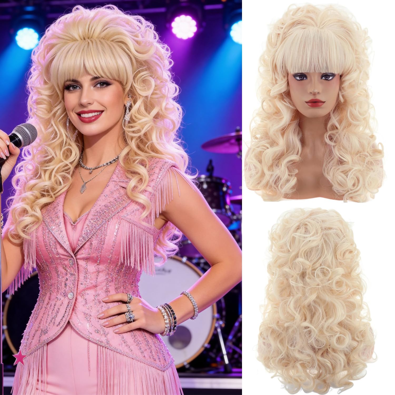 Detalle de MAGQOO 80s Long Curly Blonde Cosplay Wig with Bangs, Heat-Resistant Fiber
