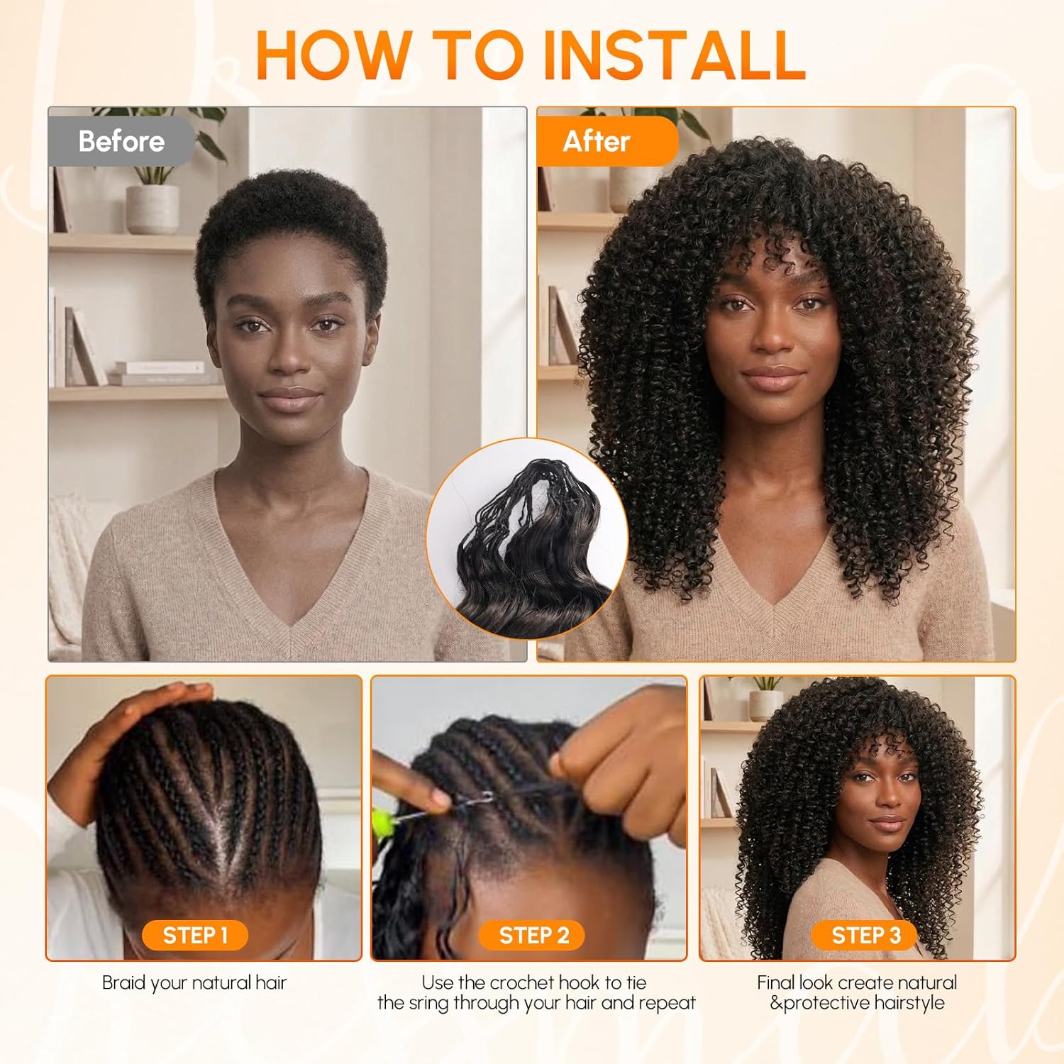 Detalle de Human Crochet Hair for Black Women: 14 Inch Feather Deep Wave Crochet Extensions, 60g, 50 Strands