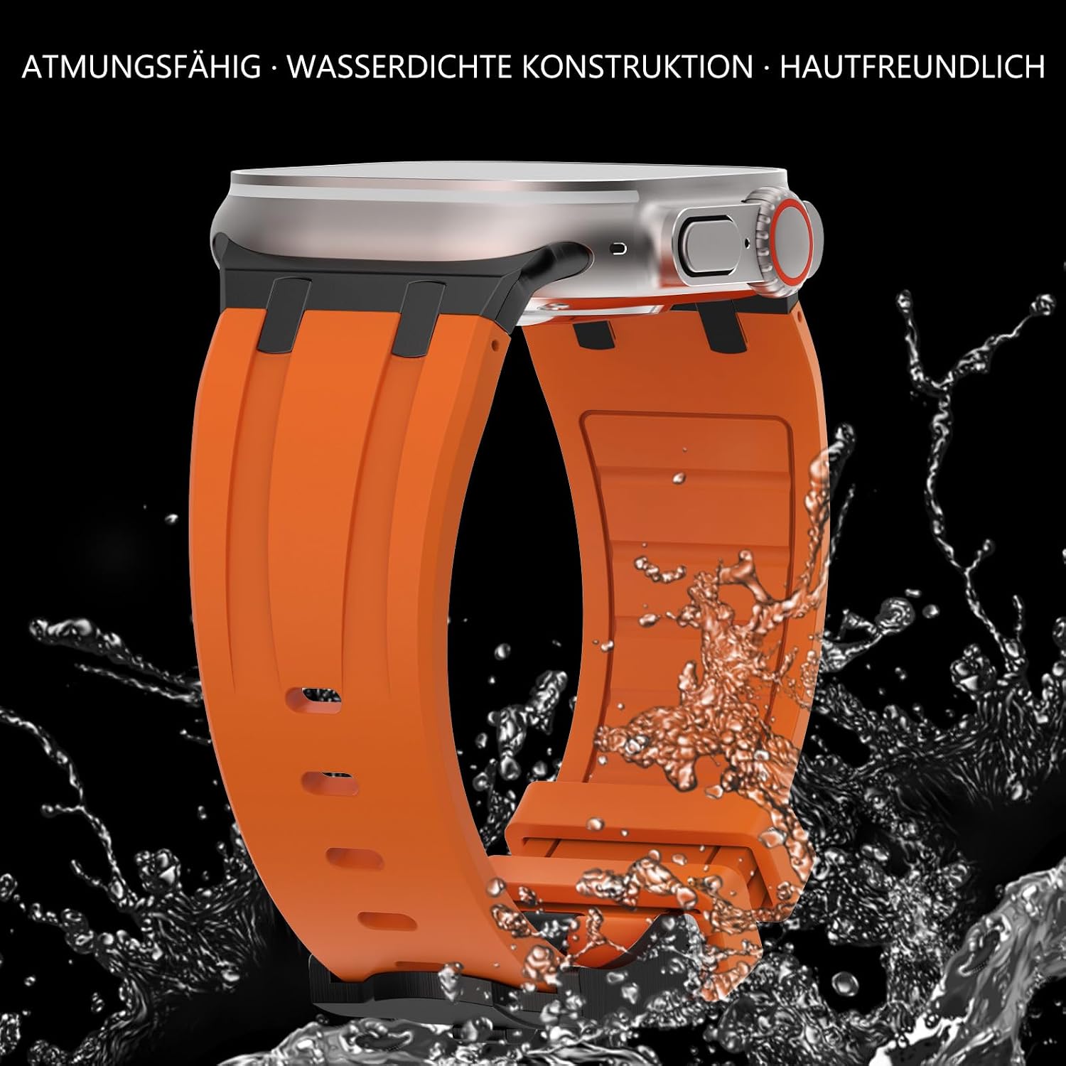 Detalle de NewWays silicone strap for Apple Watch (42mm/41mm/40mm/38mm) with stainless steel connector – Orange/Black